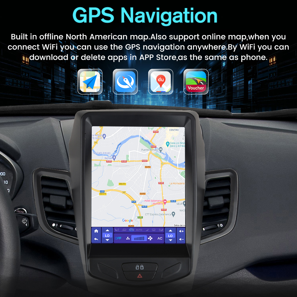 Autós GPS navigációs képernyő térképpel és alkalmazásikonokkal.