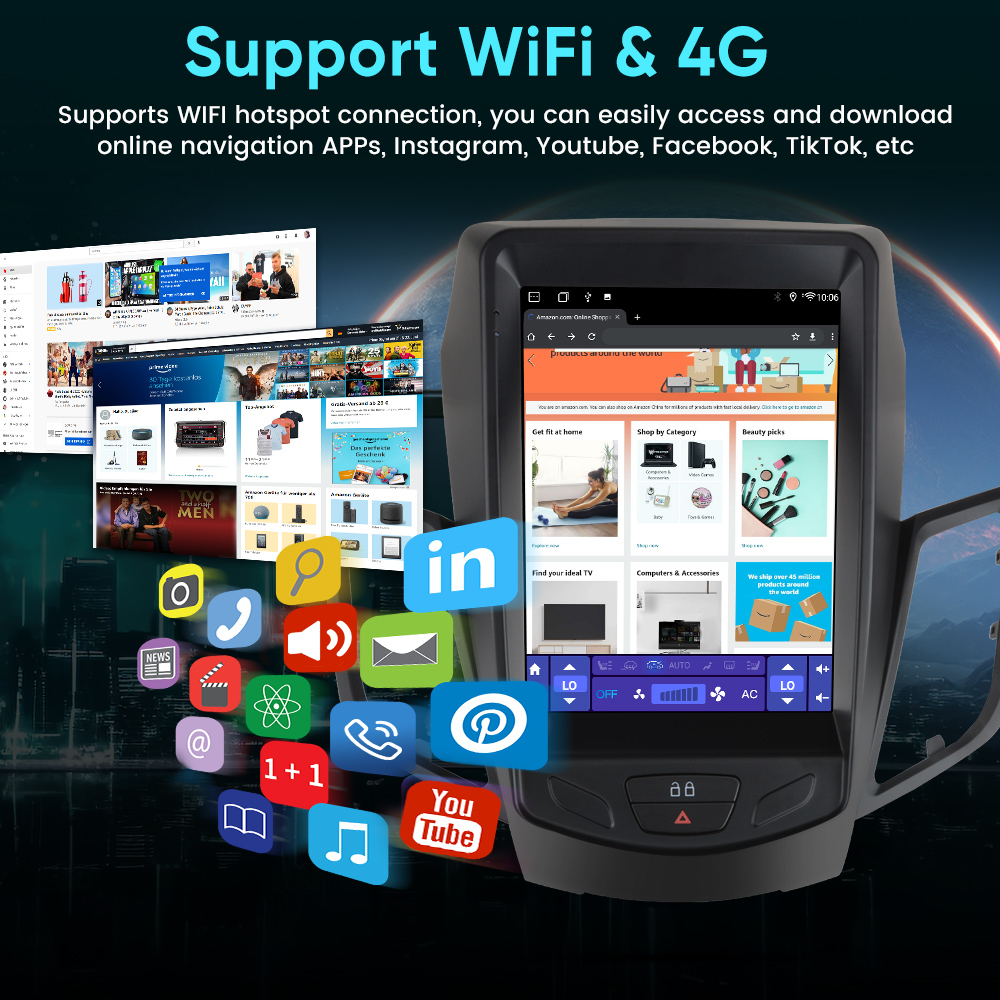 Autós kijelző, amely alkalmazásokat és weboldalakat mutat Wi-Fi és 4G támogatással.