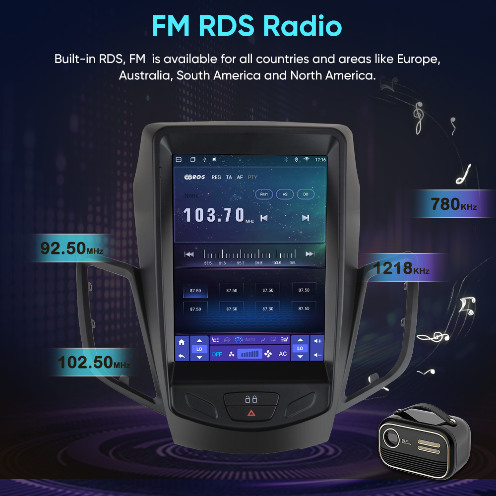 Autós hifi FM RDS rádiófelülettel, 103.70 MHz frekvenciával sötétkék háttérben kották.