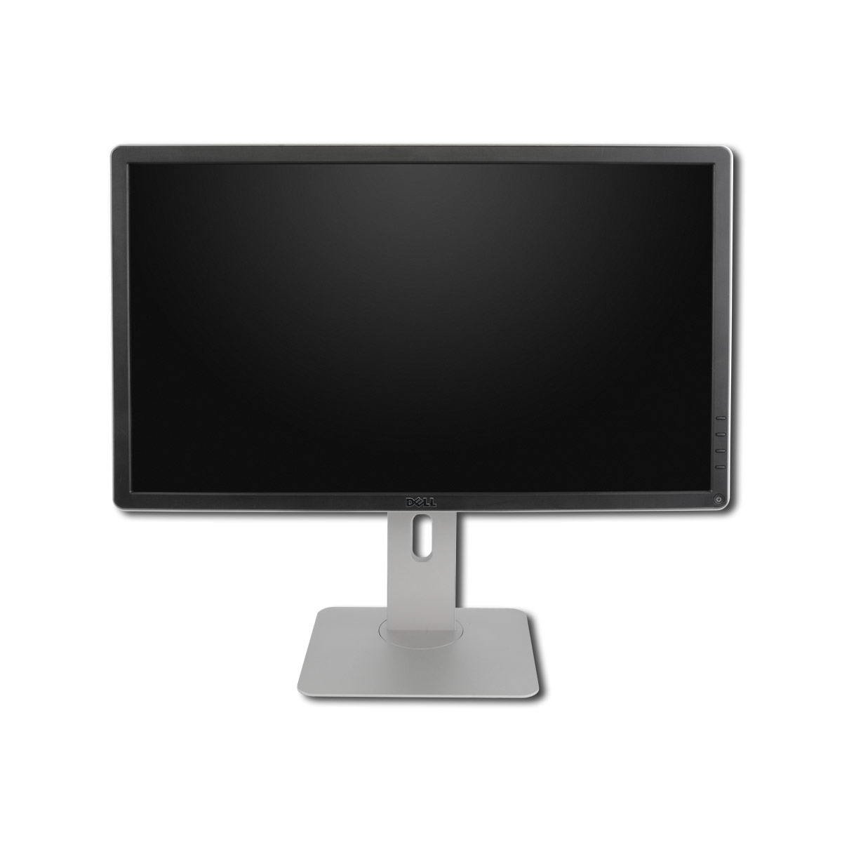 Ein schwarzer Dell-Computerbildschirm mit silbernem Standfuß auf weißem Hintergrund.
