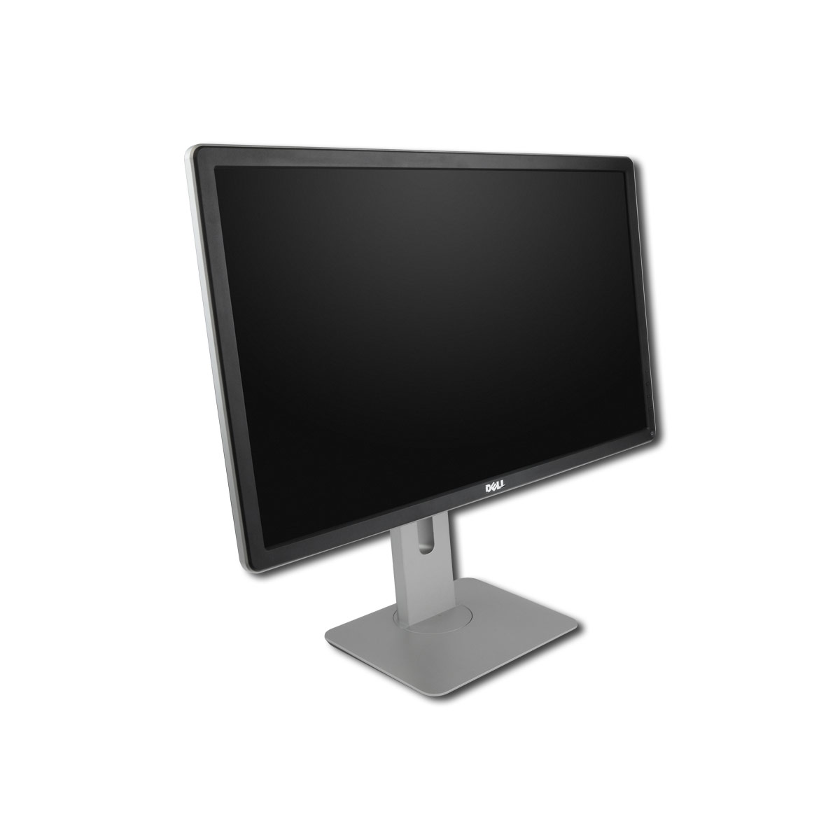 Ein moderner schwarzer Dell-Monitor mit silbernem Standfuß steht auf weißem Hintergrund.