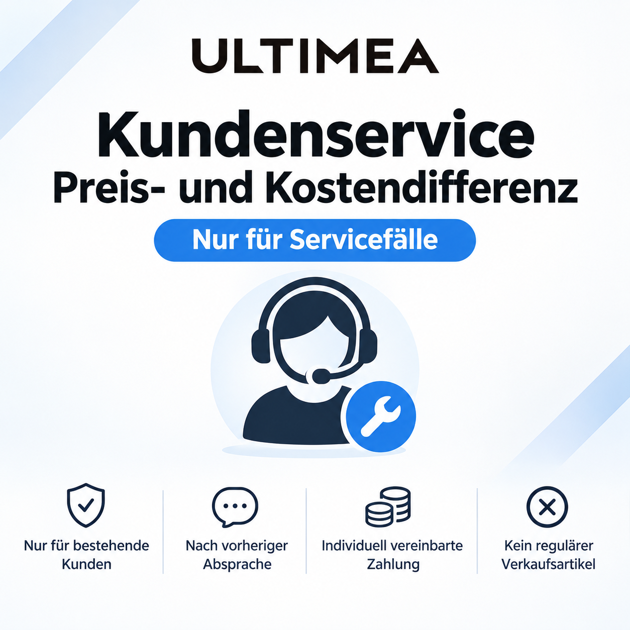 Ultimea Kundenservice für Preis- und Kostendifferenz mit Support-Symbolen unten.