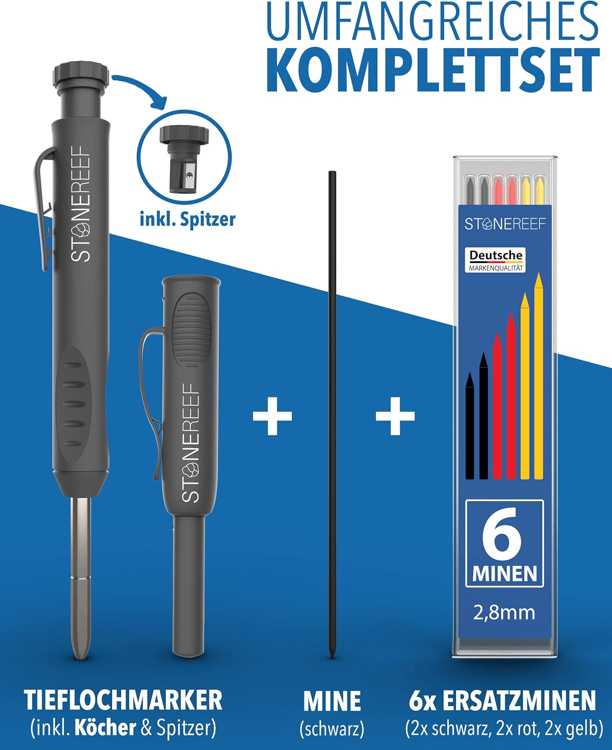 Deep-hole marker set with black pencil, sharpener, quiver, and six replacement leads in black, red, and yellow.