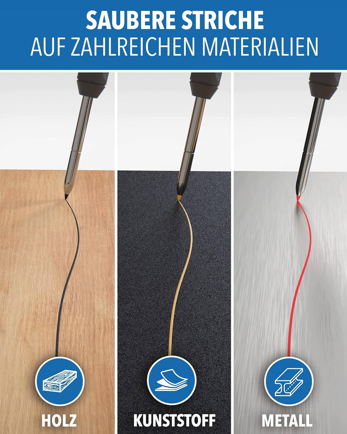 Ein Stift zieht saubere Linien auf Holz, Kunststoff und Metall.