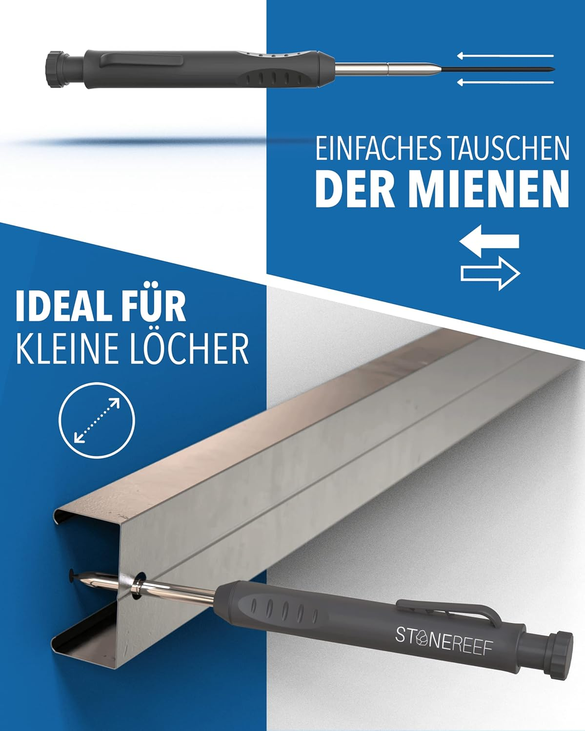 Ein grauer Tieflochmarker von Stonereef mit austauschbarer Miene für schwer zugängliche Stellen.