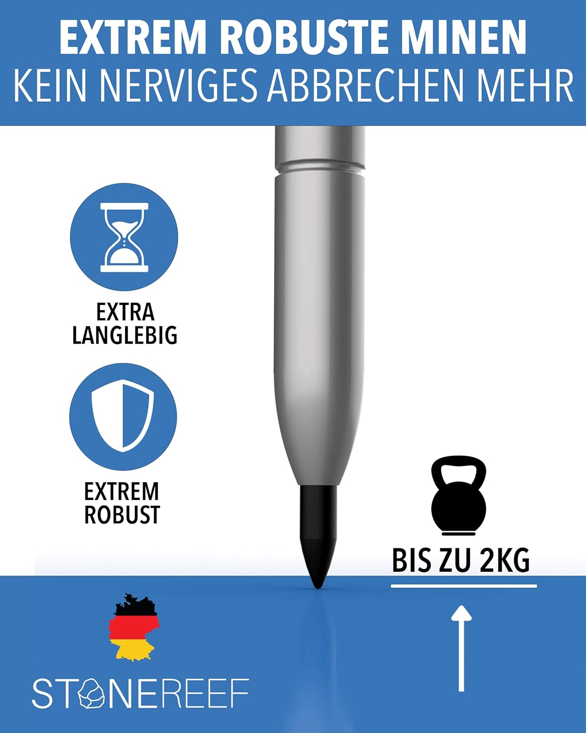 Werbebild für robuste Stiftminen, die bis zu 2kg Druck aushalten und langlebig sind.