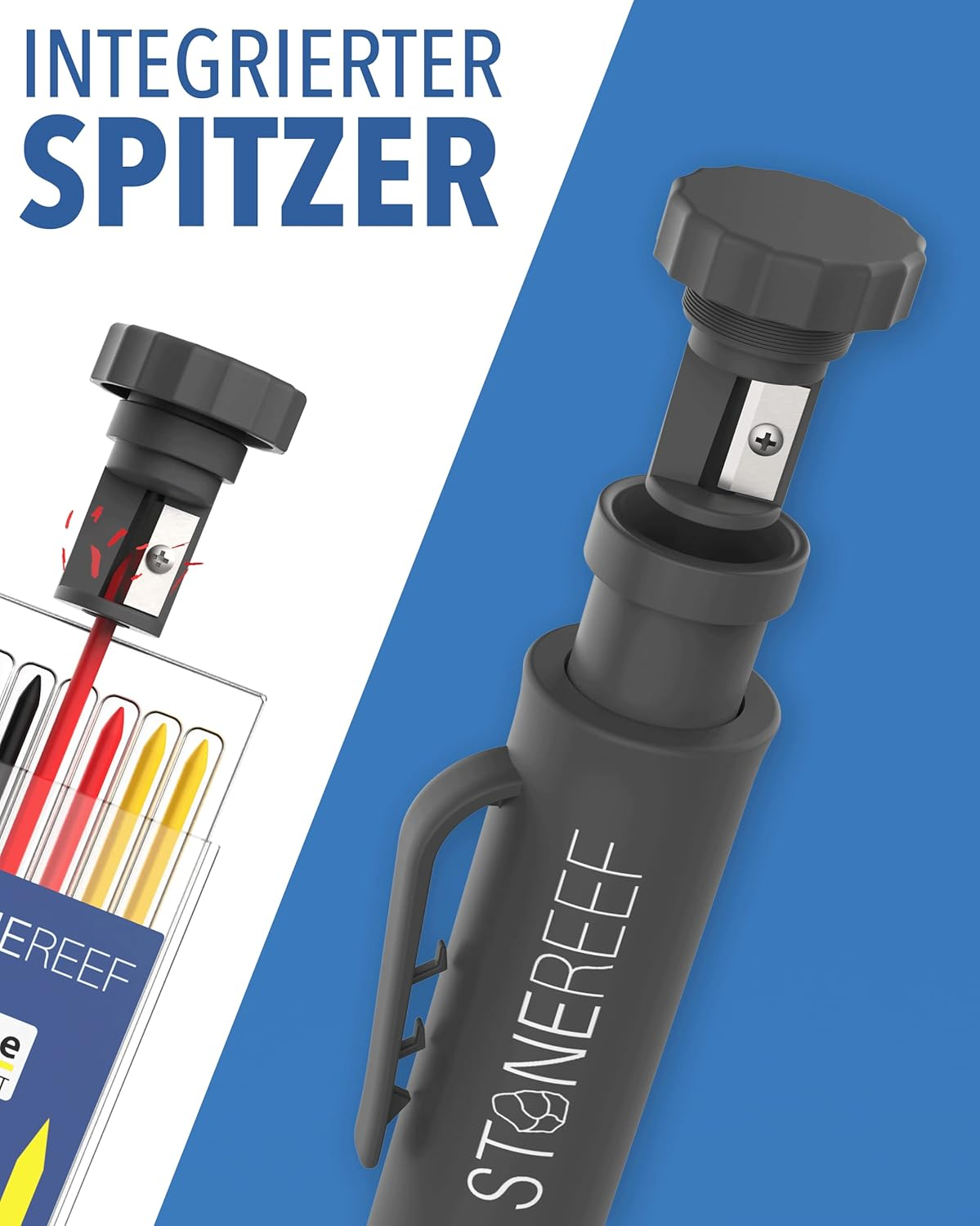 Stonereef-Stift mit integriertem, herausnehmbarem Spitzer im Deckel und bunten Ersatzminen daneben.