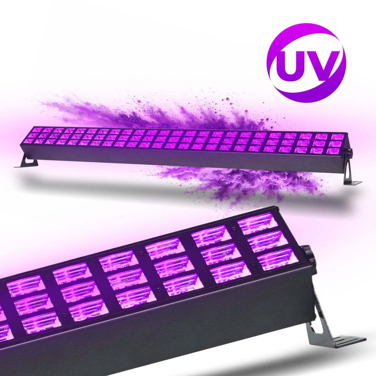 Längliche schwarze UV-LED-Lichtleiste mit violettem Licht und einem UV-Logo oben rechts.