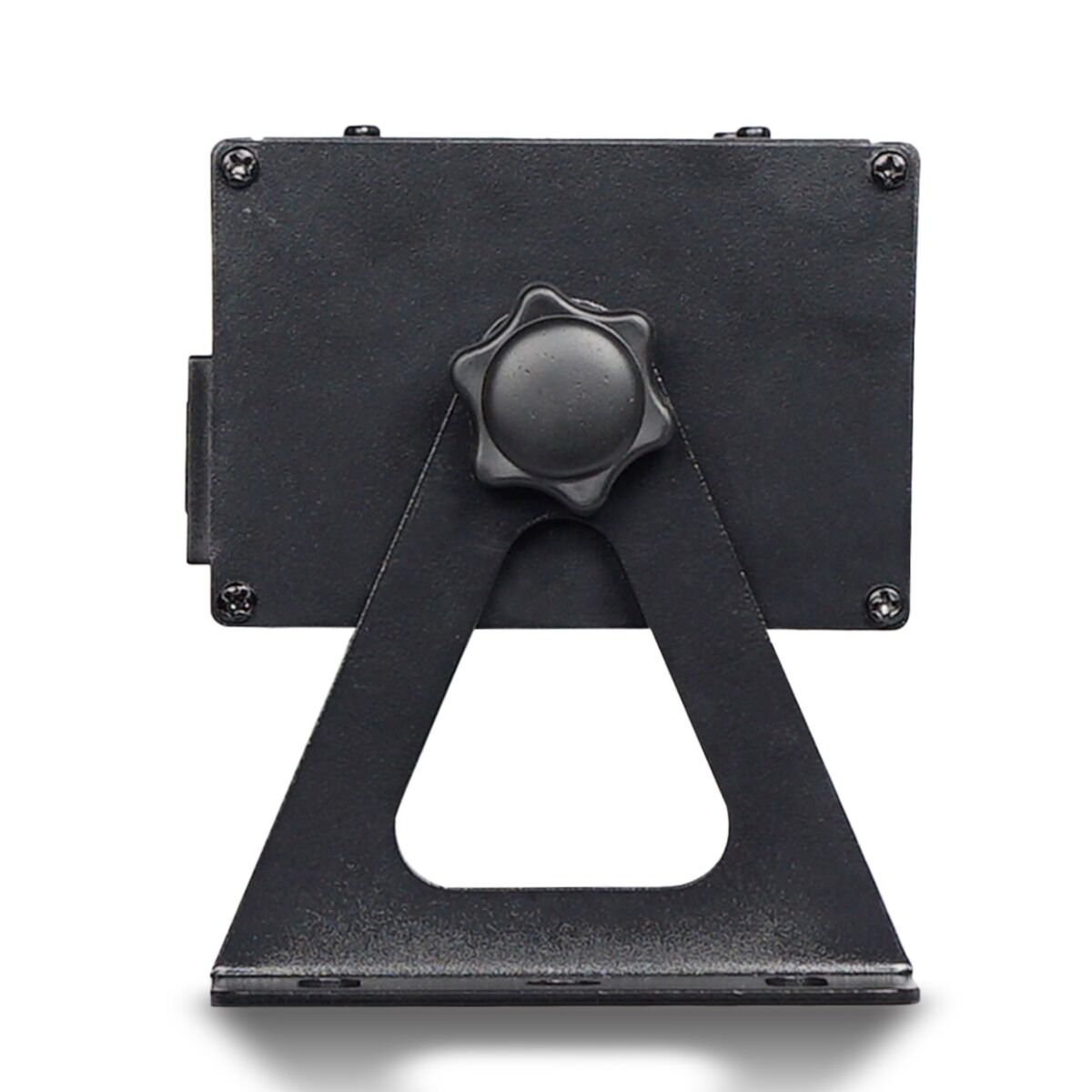 Schwarze Metallhalterung mit dreieckigem Standfuß und zentralem Drehknopf.