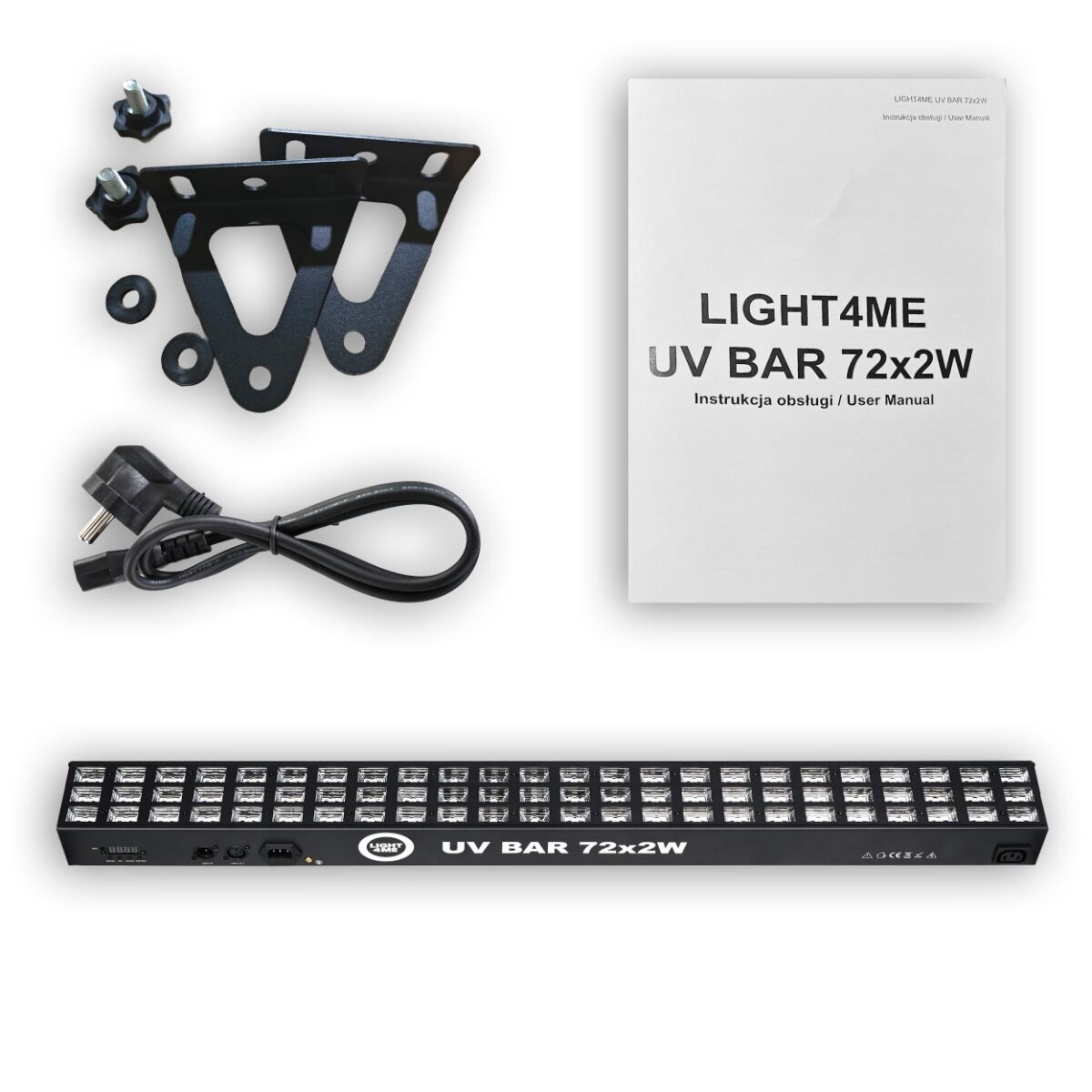 Eine schwarze UV-Lichtleiste mit Montagebügeln, Schrauben, Netzkabel und Handbuch.