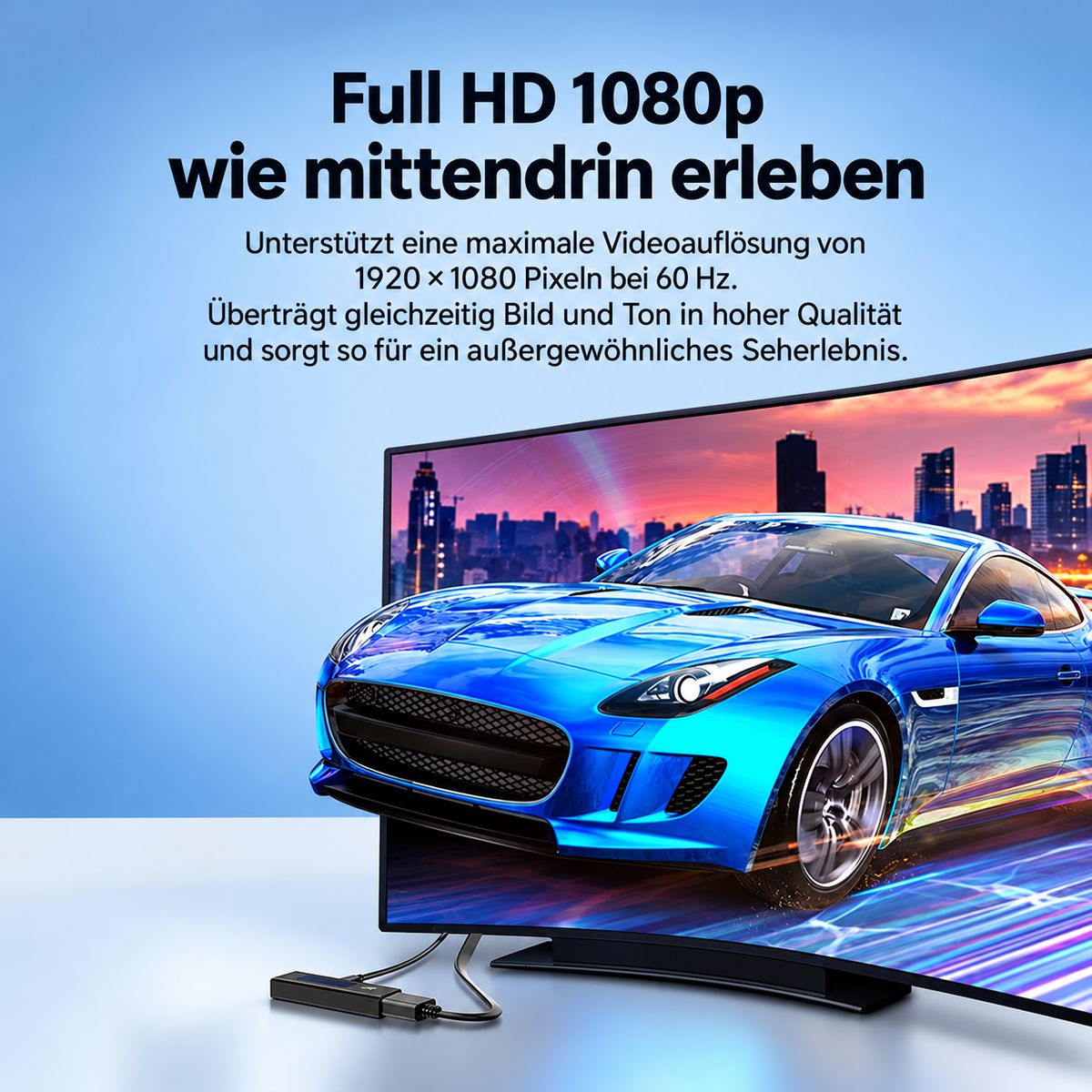Ein gebogener Fernseher zeigt ein blaues Auto vor einer Stadtsilhouette, verbunden mit einem kleinen Adapterkabel.