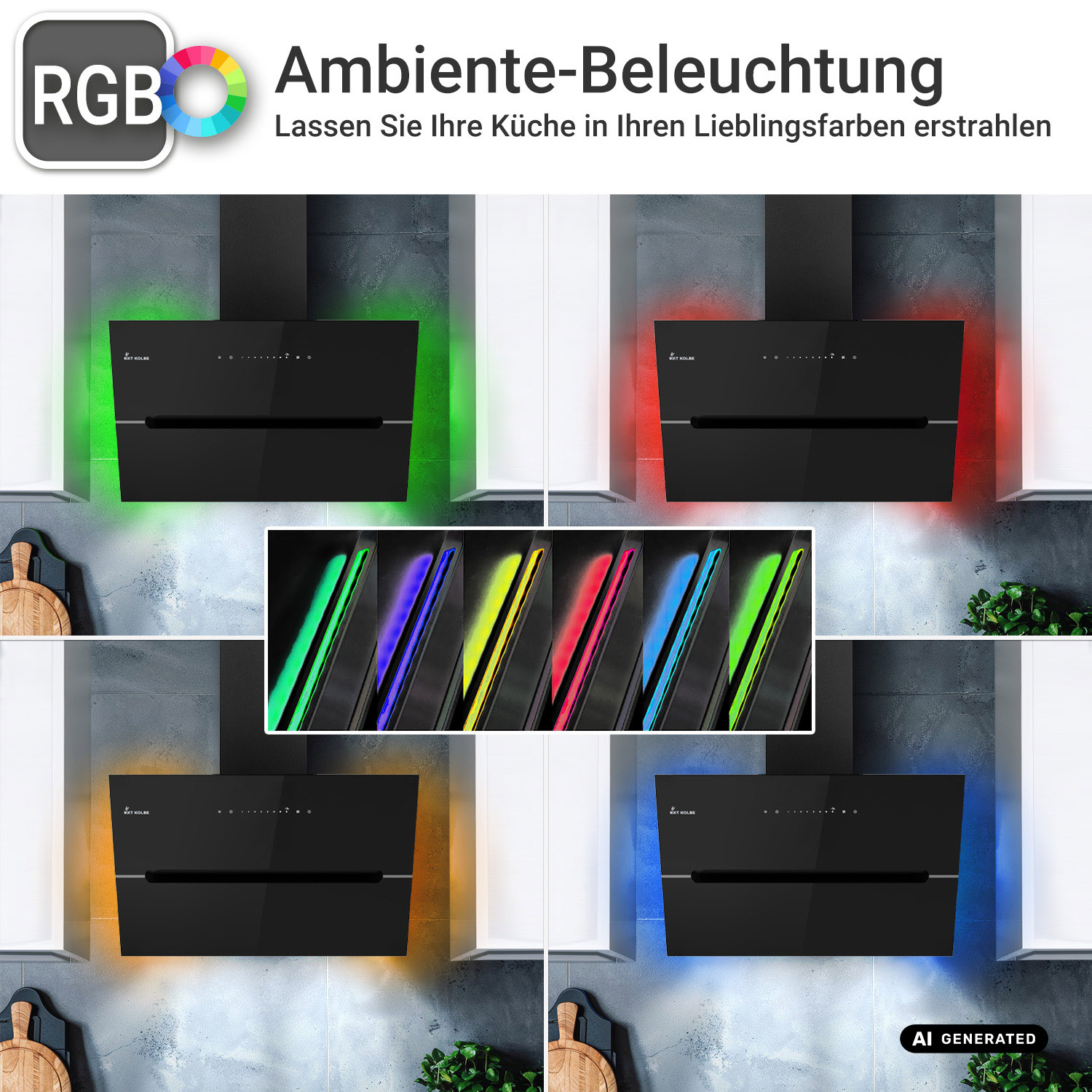 Schwarze Dunstabzugshaube mit wechselnder RGB-Ambientebeleuchtung in einer modernen Küche.