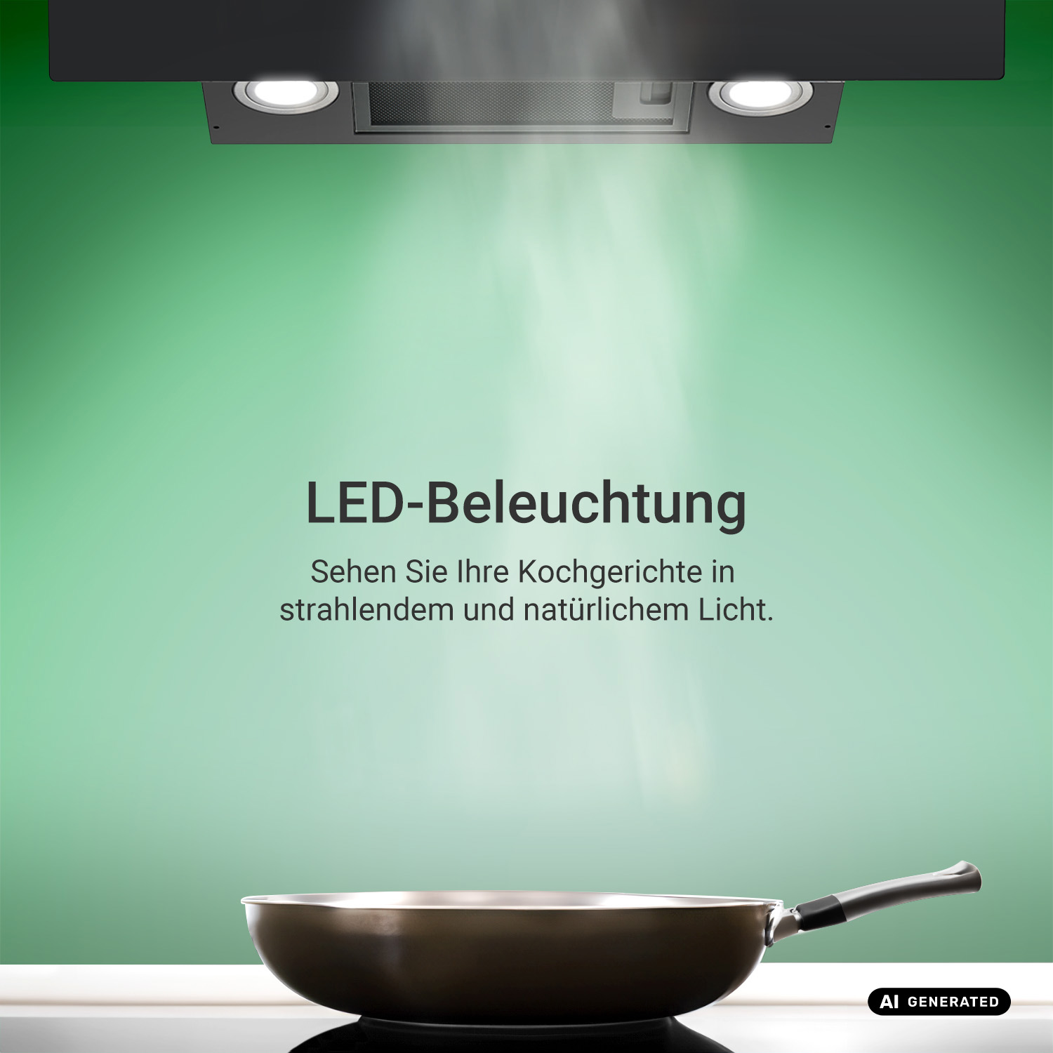 Eine Dunstabzugshaube mit LED-Beleuchtung über einem Kochfeld mit Pfanne und aufsteigendem Dampf.