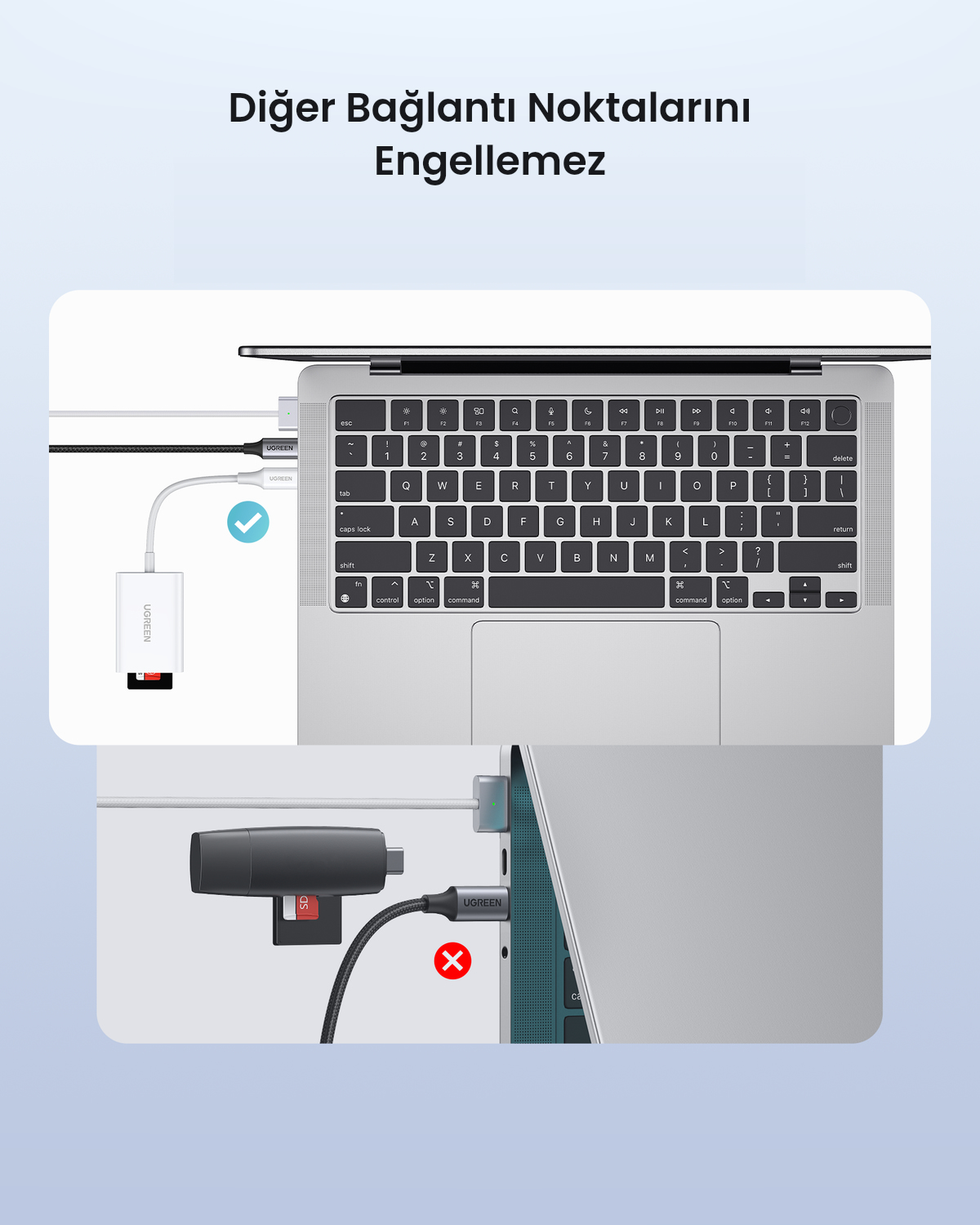 Bir dizüstü bilgisayar, biri doğru diğeri yanlış iki USB-C adaptör bağlantı yöntemini gösteriyor.