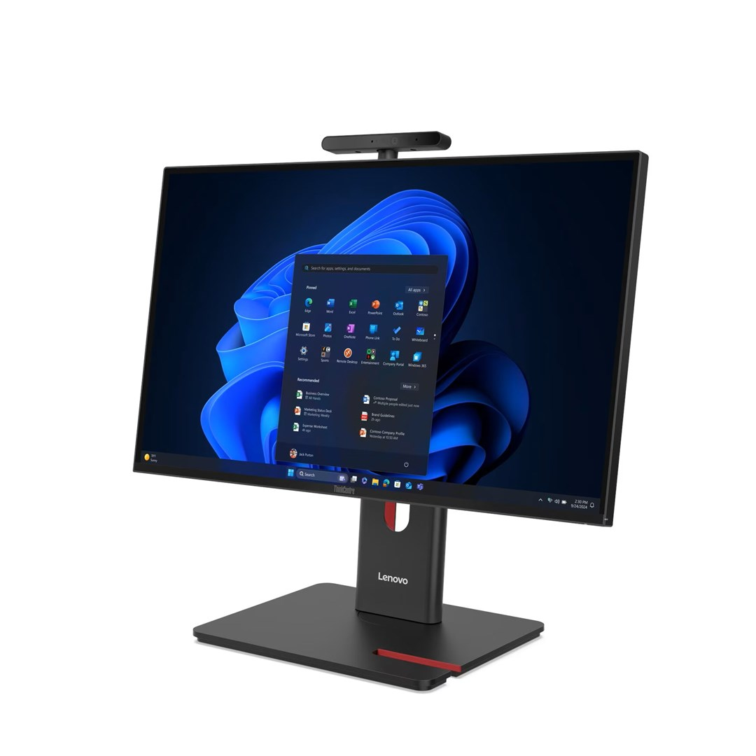 Czarny komputer all-in-one Lenovo z kamerą internetową i otwartym pulpitem Windows 11.