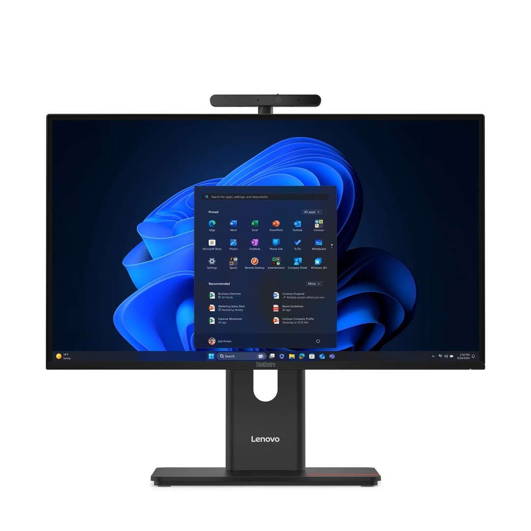 Monitor Lenovo z kamerą internetową wyświetla menu startowe systemu Windows 11.