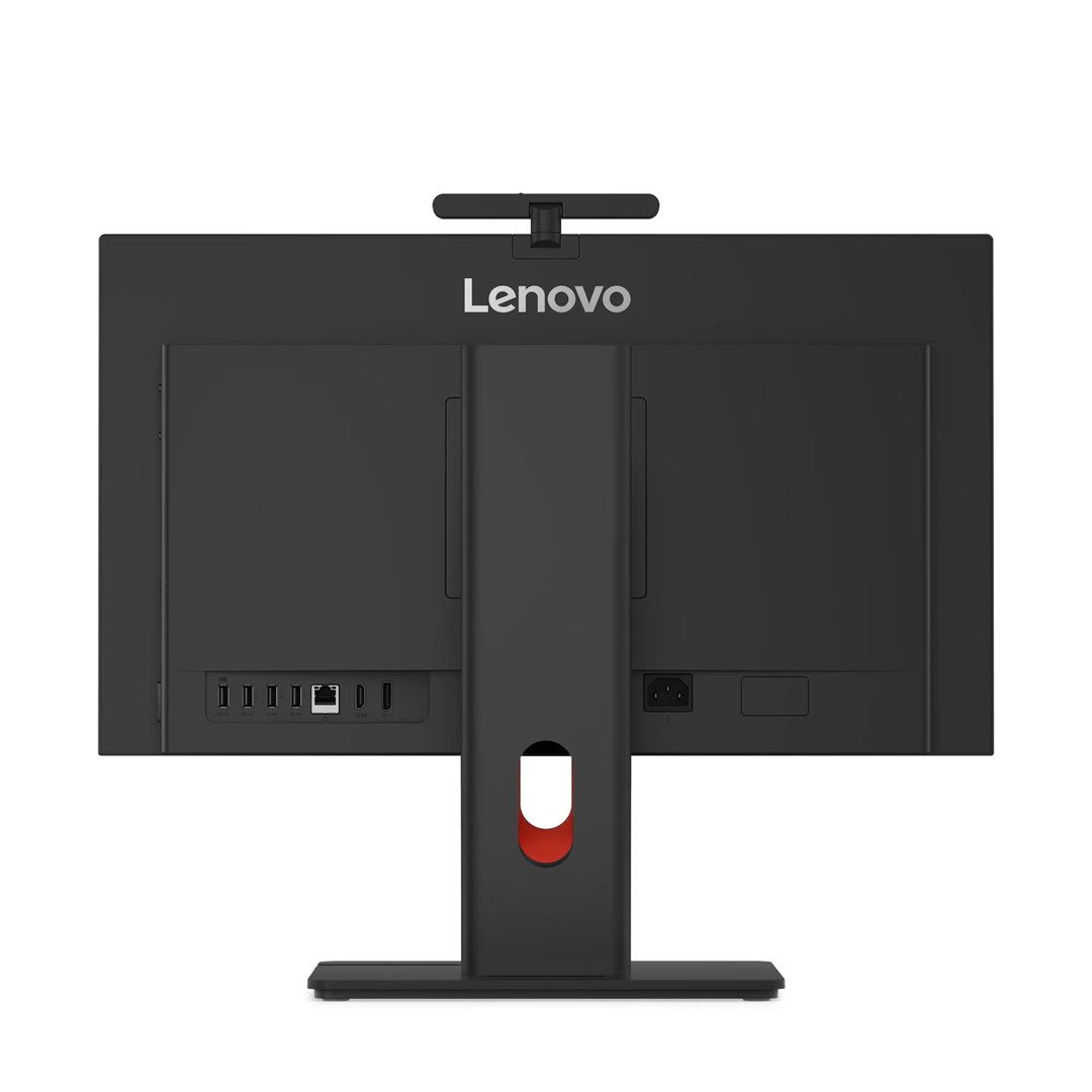 Widok z tyłu czarnego monitora Lenovo z podstawką, kamerą internetową na górze i portami po lewej stronie.