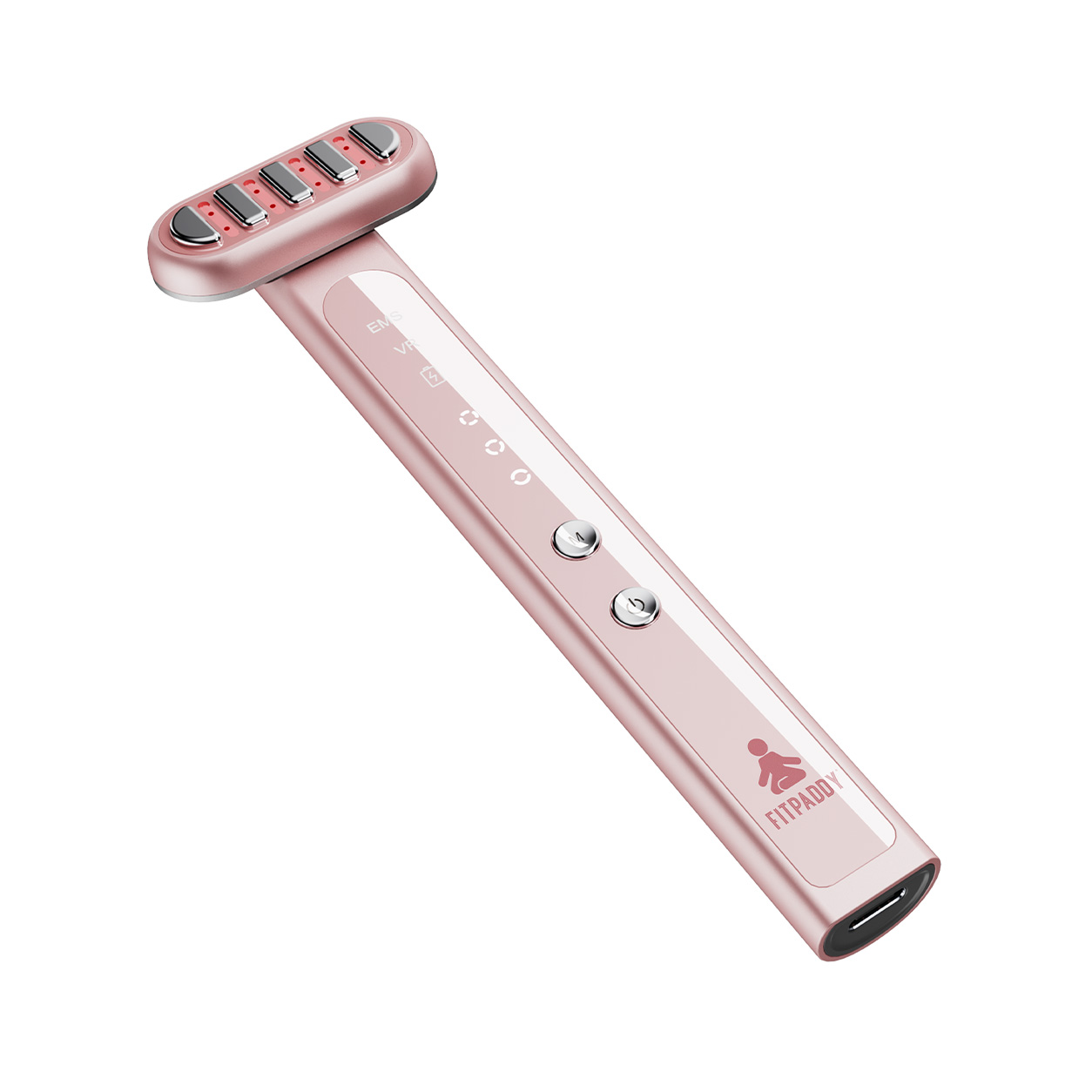 Un massaggiatore viso in oro rosa con cinque punti di contatto metallici, pulsanti di controllo e FITPADDY.
