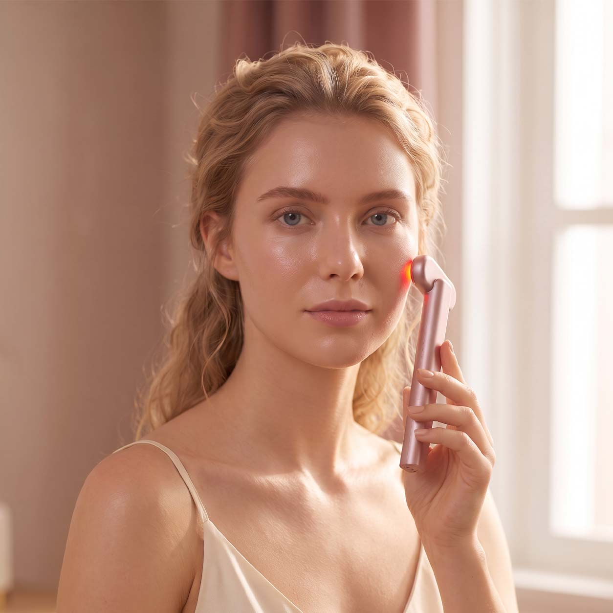 Una donna bionda usa un dispositivo facciale rosa con una luce rossa sulla guancia in una stanza soffusa.