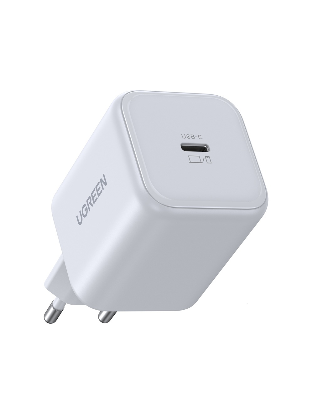 Beyaz arka planda AB fişli beyaz Ugreen USB-C şarj cihazı.