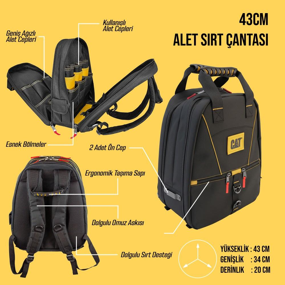Sarı arka planda çok bölmeli, ergonomik saplı ve dolgulu askılı siyah 43 cm Cat alet sırt çantası.
