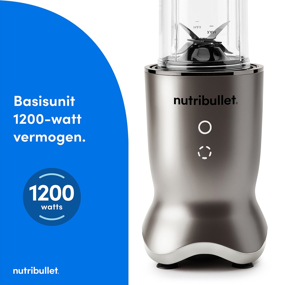 Gray Nutribullet 1200-watt base with attached cup on a blue background featuring text.