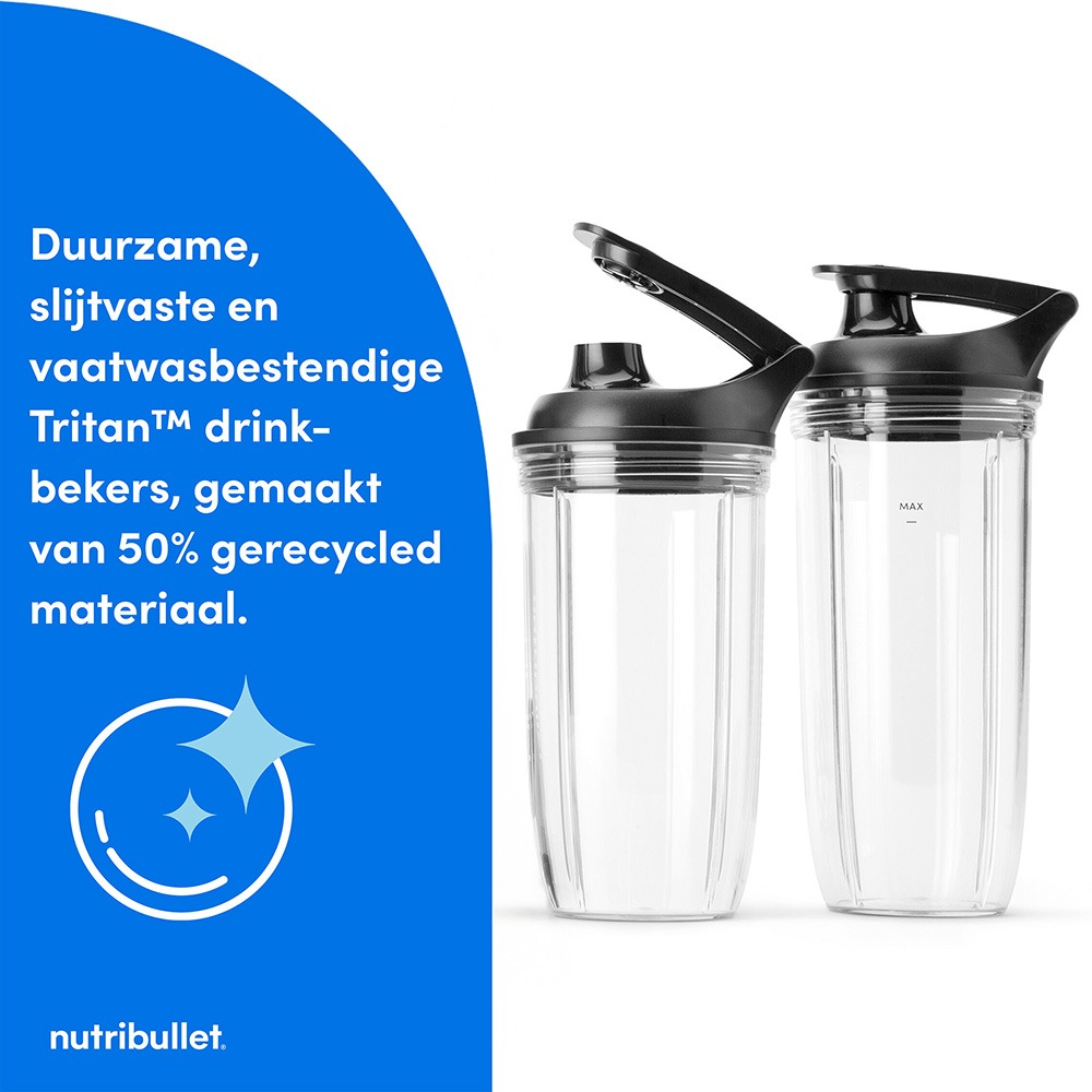 Two clear Tritan cups with black lids against a blue promotional background.