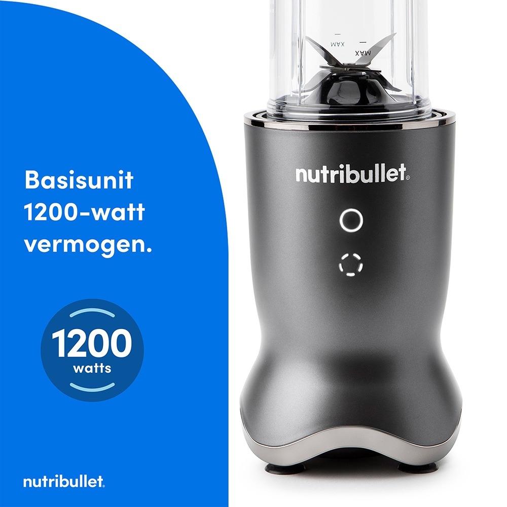 Gray Nutribullet base unit with 1200 watts of power on a blue background with text.