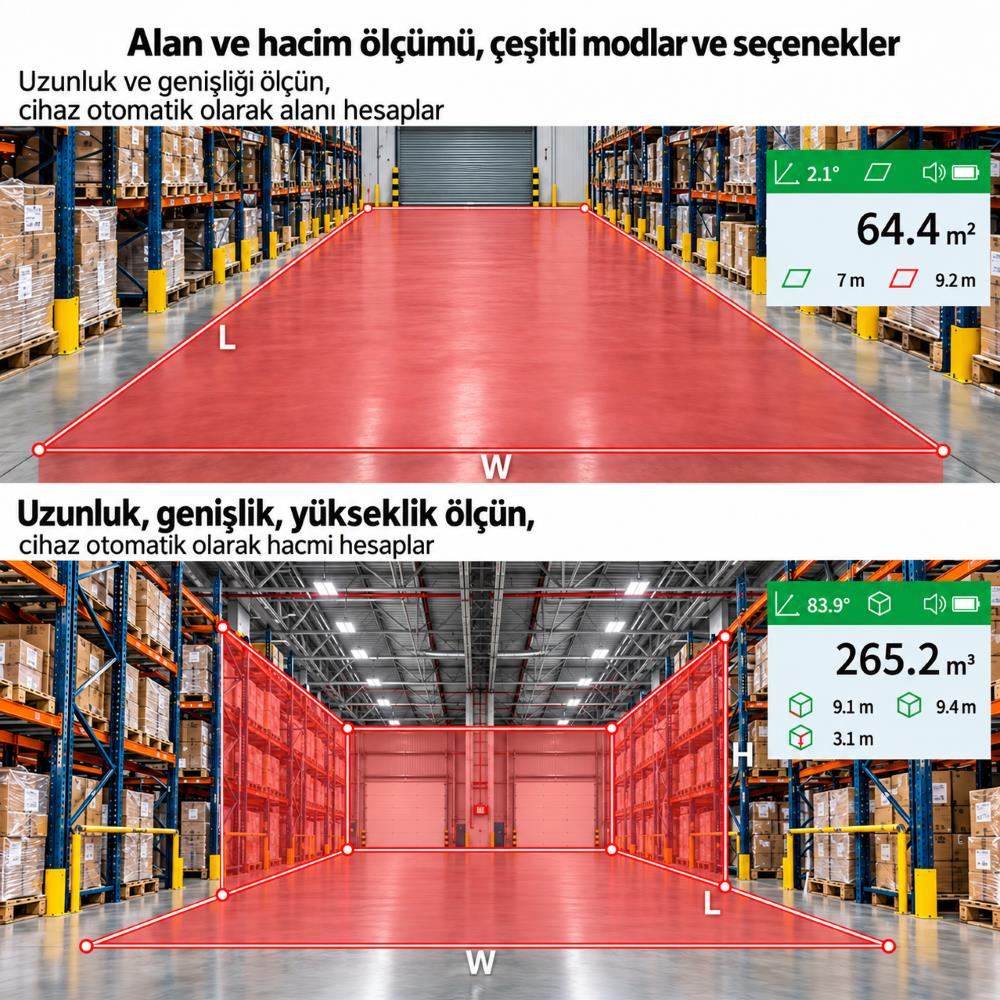 Lazer ölçüm araçları ve ekranlar kullanılarak bir depoda alan ve hacim ölçümünü gösteren grafik.