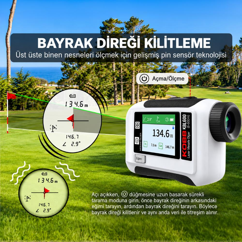 Türkçe bayrak direği kilitleme açıklamaları içeren golf sahası arka planlı beyaz bir golf lazer mesafe ölçer.