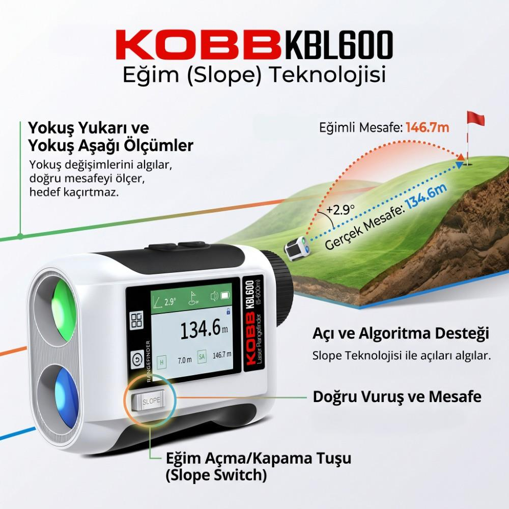 Eğim teknolojisine sahip KOBB KBL600 lazer mesafe ölçer, dijital ekran ve Türkçe açıklamalar.