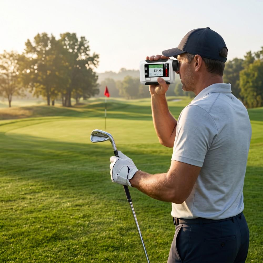 Şapkalı bir golfçü sopasını tutuyor ve yeşil sahada bir mesafe ölçer kullanıyor.