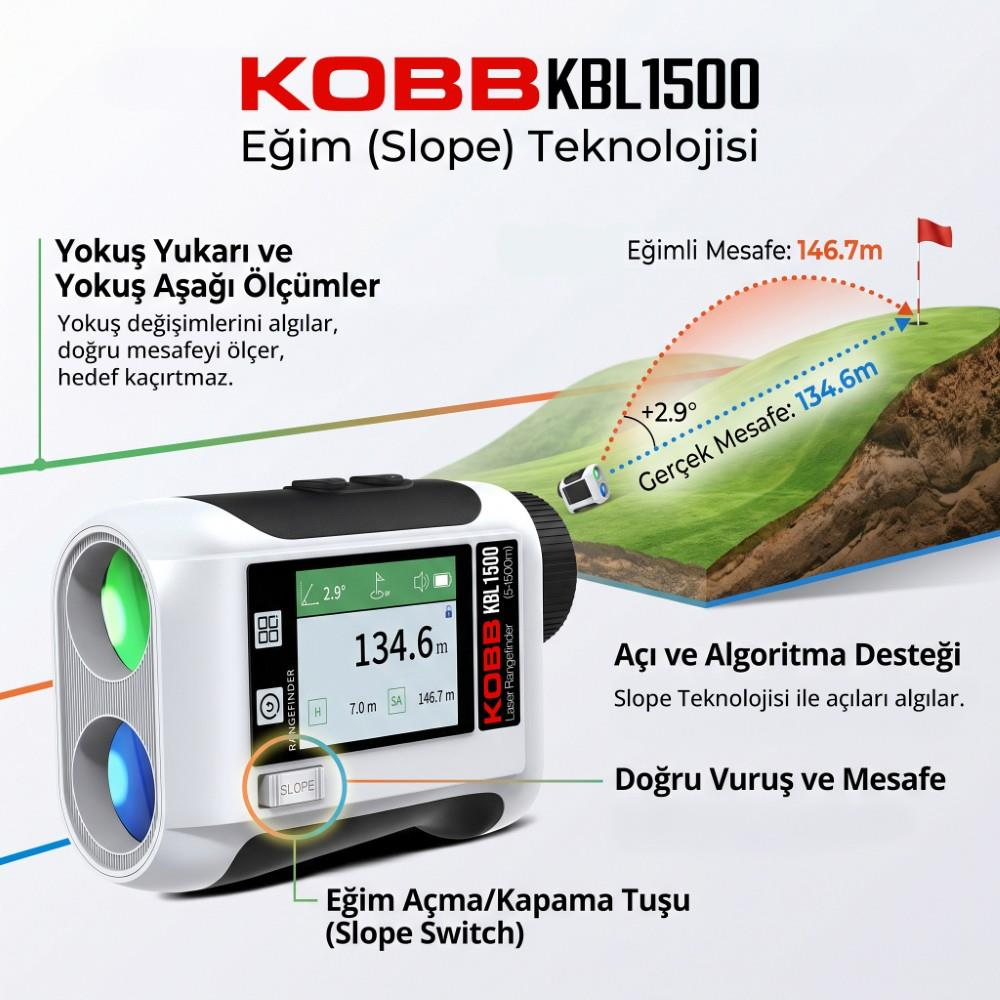Eğim teknolojisine, ekrana ve tuşlara sahip KOBB KBL1500 golf lazer mesafe ölçer ve eğim ölçüm şeması.