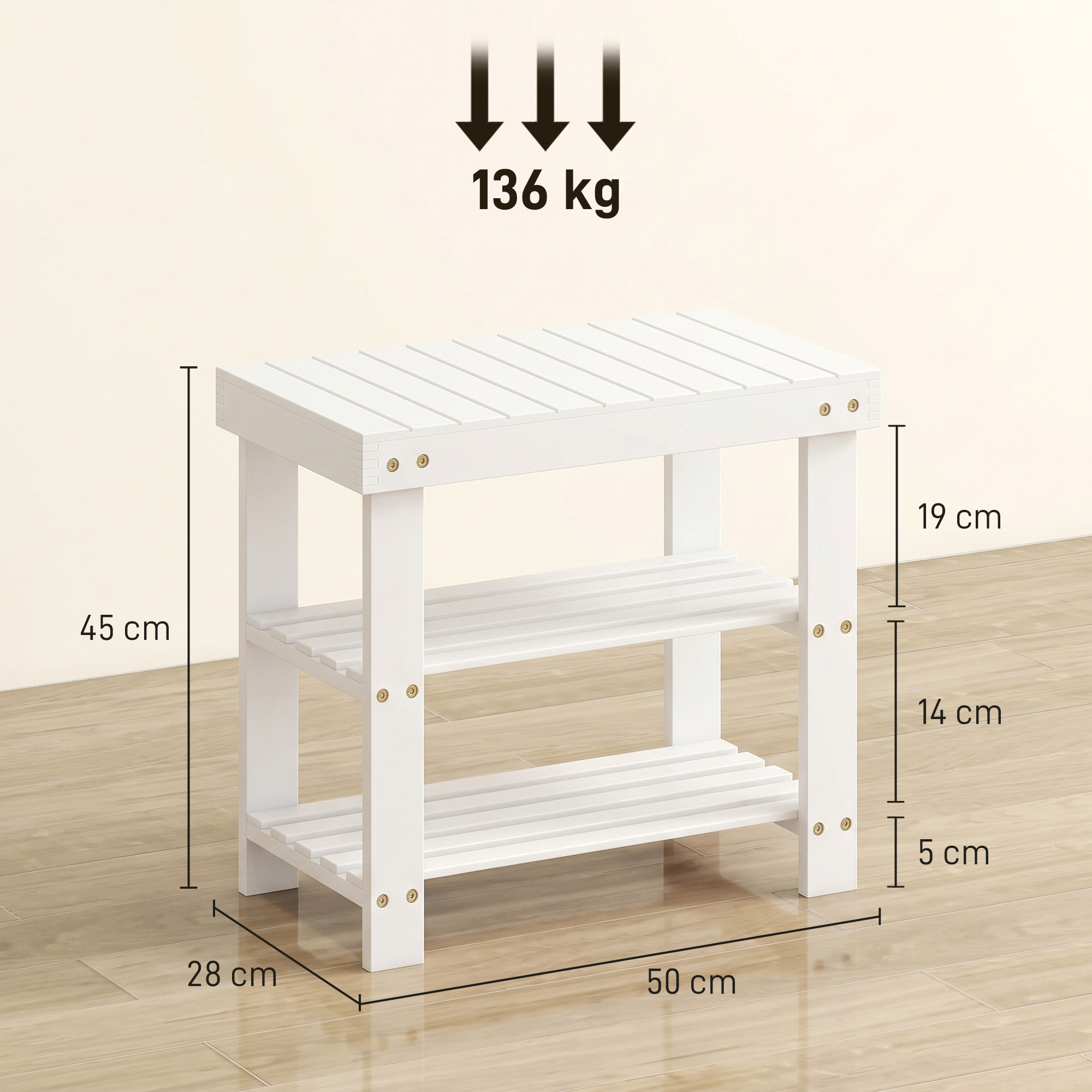 Estante de madera blanca con dimensiones y 136 kg de capacidad.