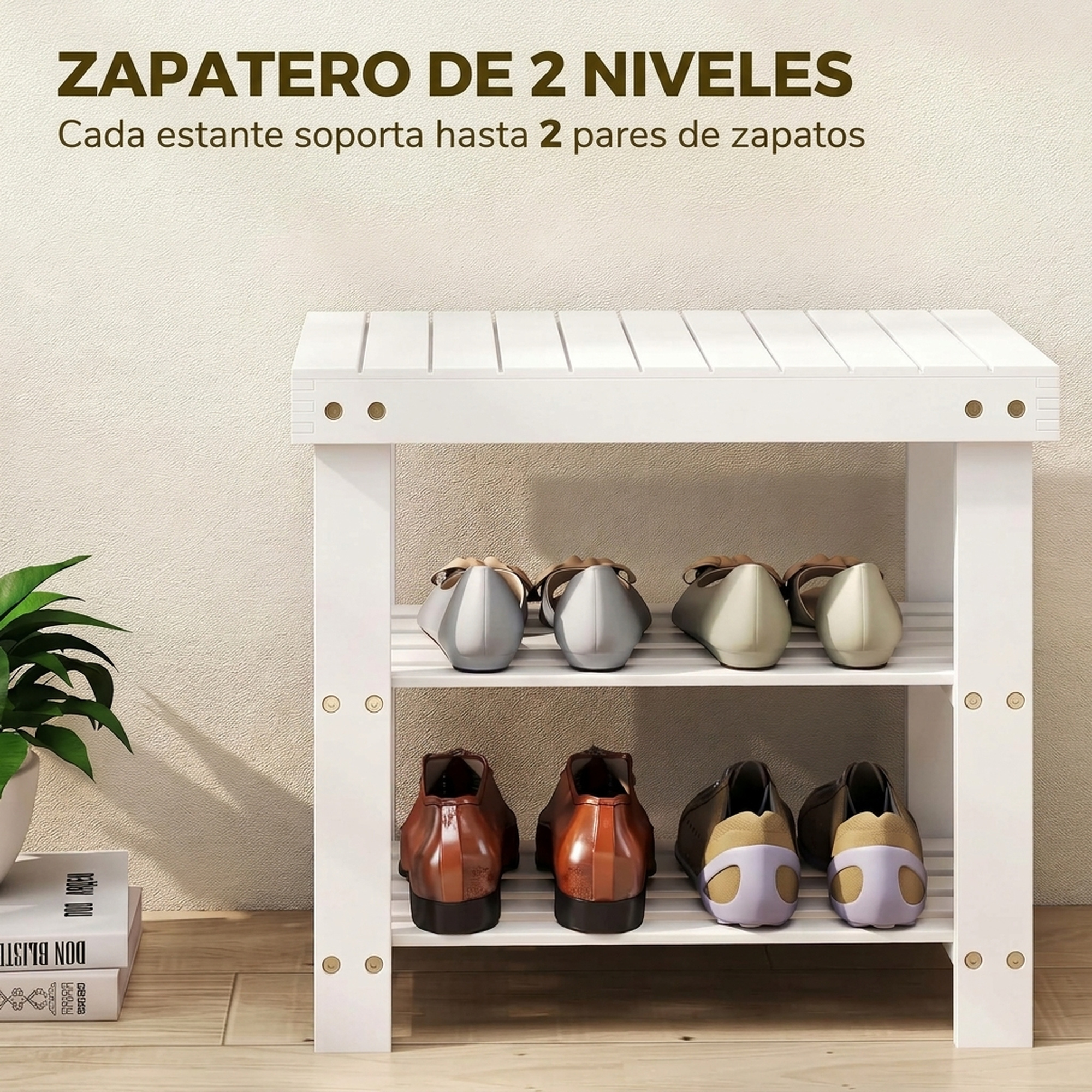 Un zapatero de madera blanco de dos niveles con zapatos y una planta al lado.
