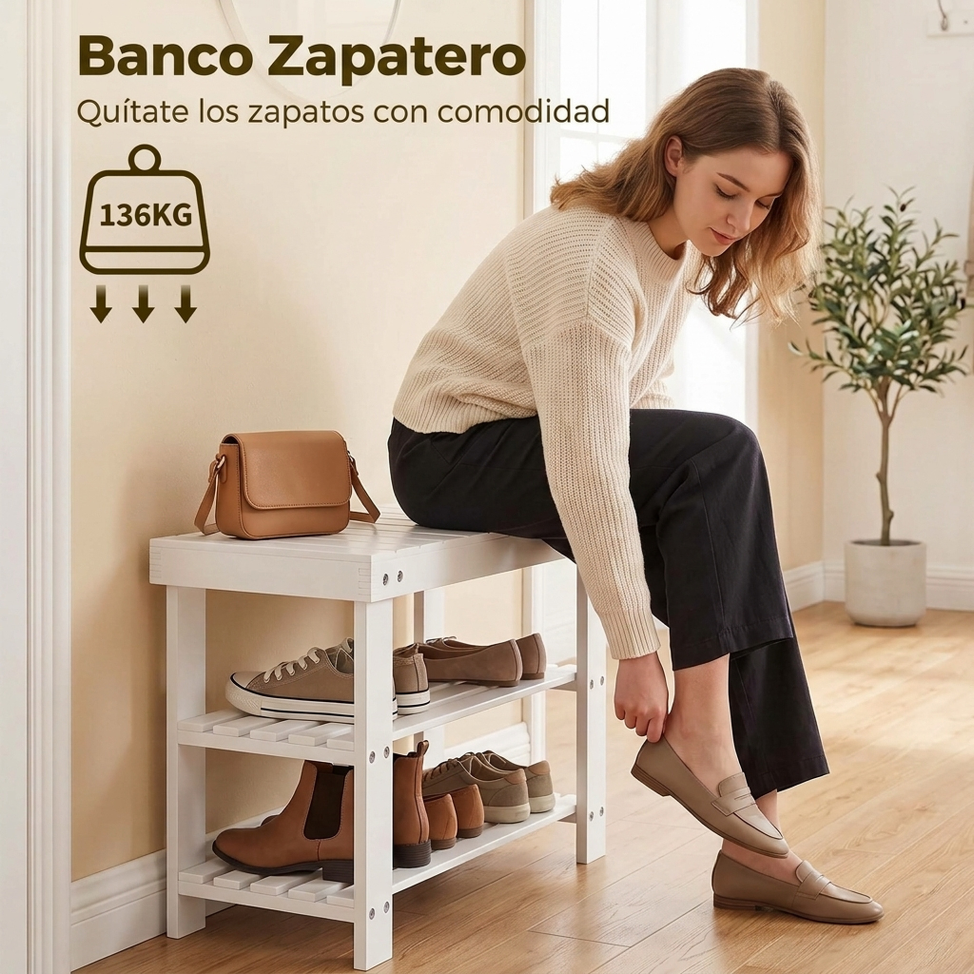 Una mujer se sienta en un banco zapatero blanco con estantes y se pone mocasines.