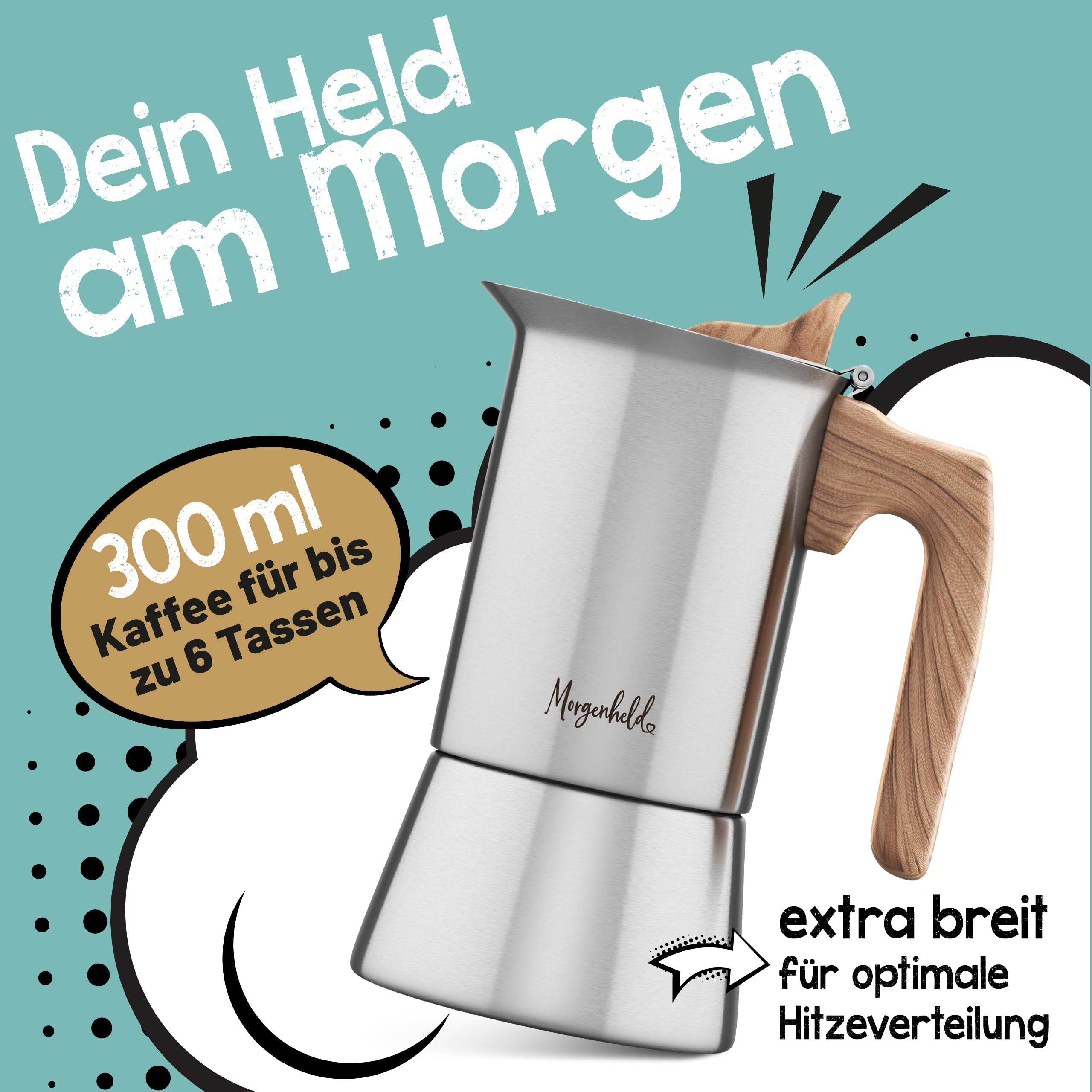 Cafetière espresso en acier inoxydable avec poignée en bois sur fond vert menthe avec graphiques textuels.
