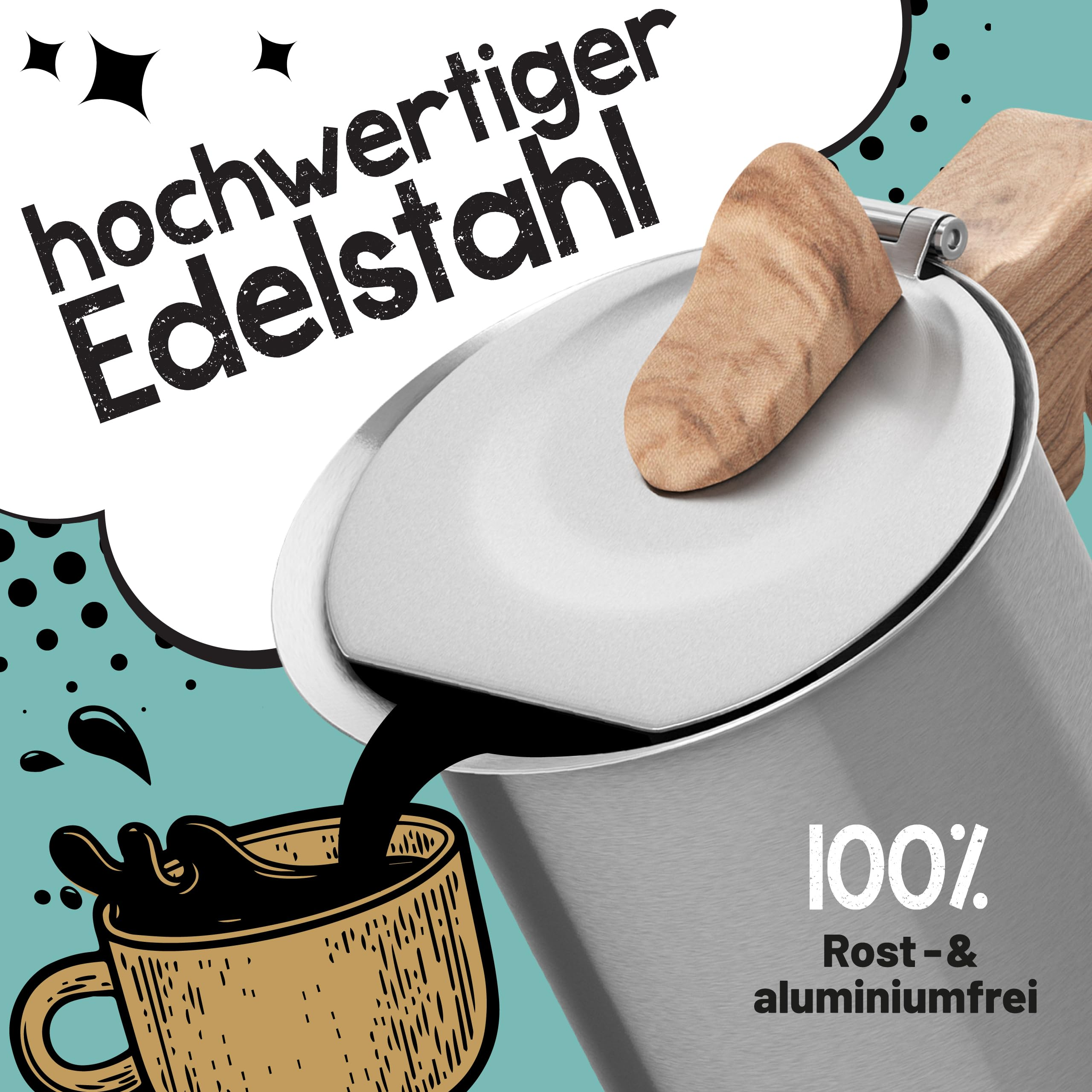 Cafetière en acier inoxydable versant du café dans une tasse sur fond turquoise.