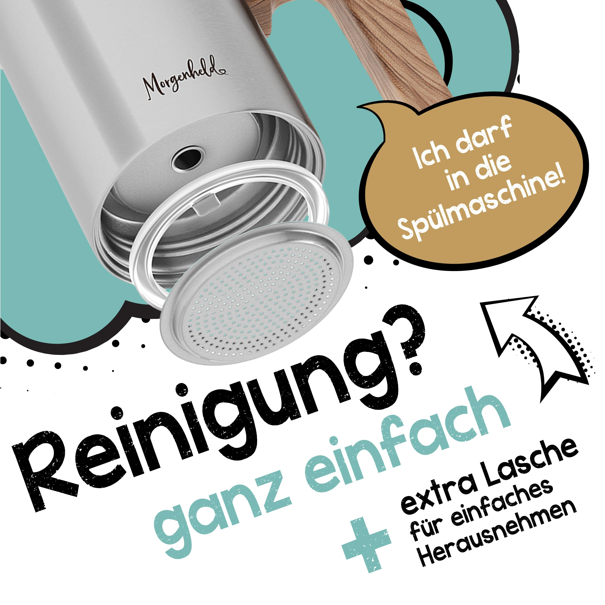 Bouteille en acier inoxydable avec tamis et languette amovibles, texte publicitaire allemand.