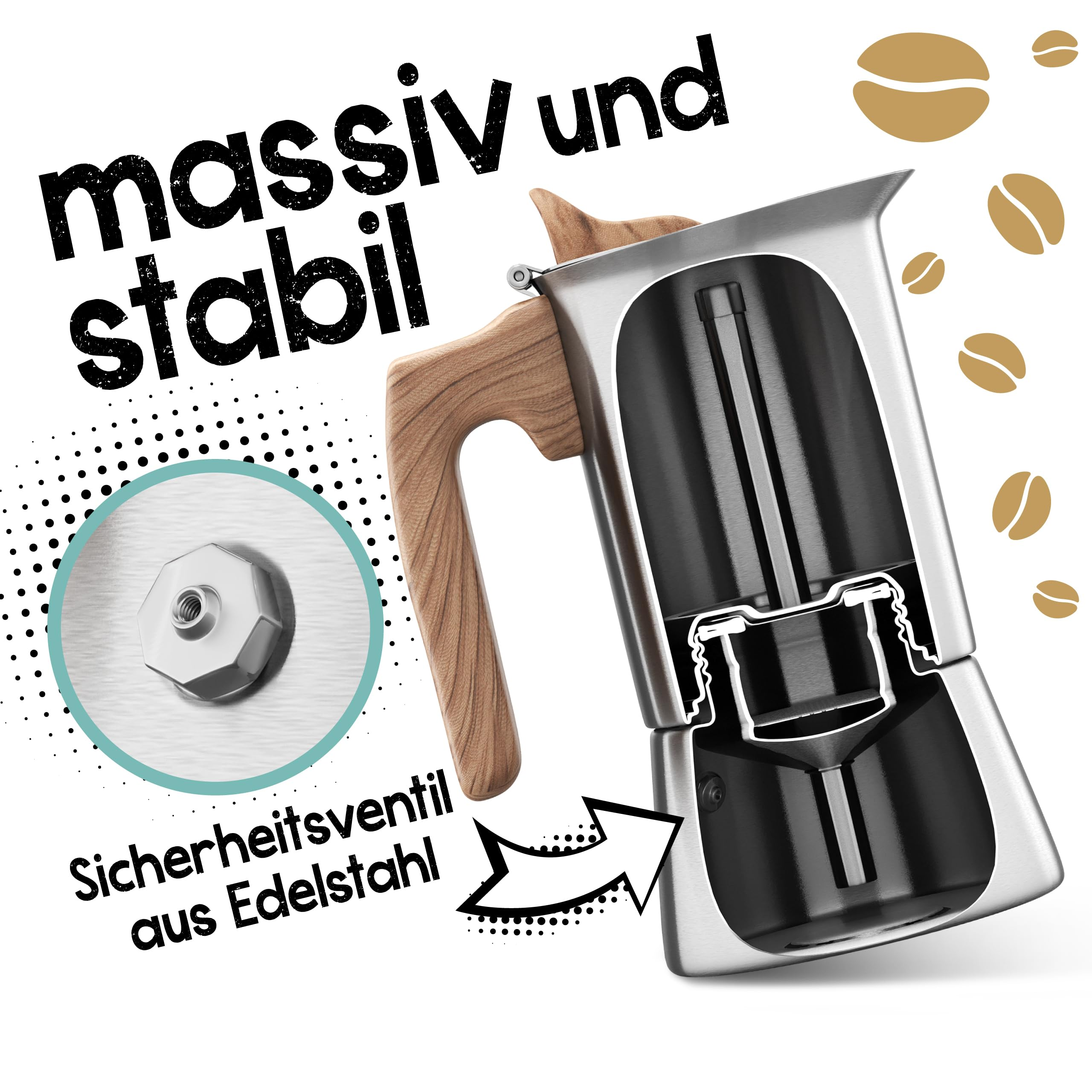Coupe transversale d'une cafetière en acier inoxydable avec poignée en bois et soupape de sécurité.