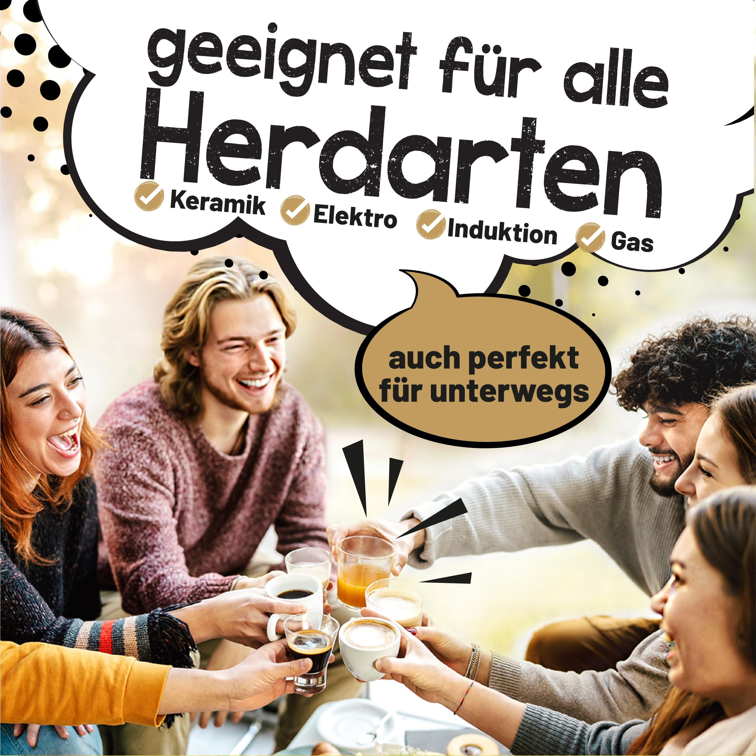 Des amis en plein air trinquent avec du café et des boissons, entourés de texte publicitaire.