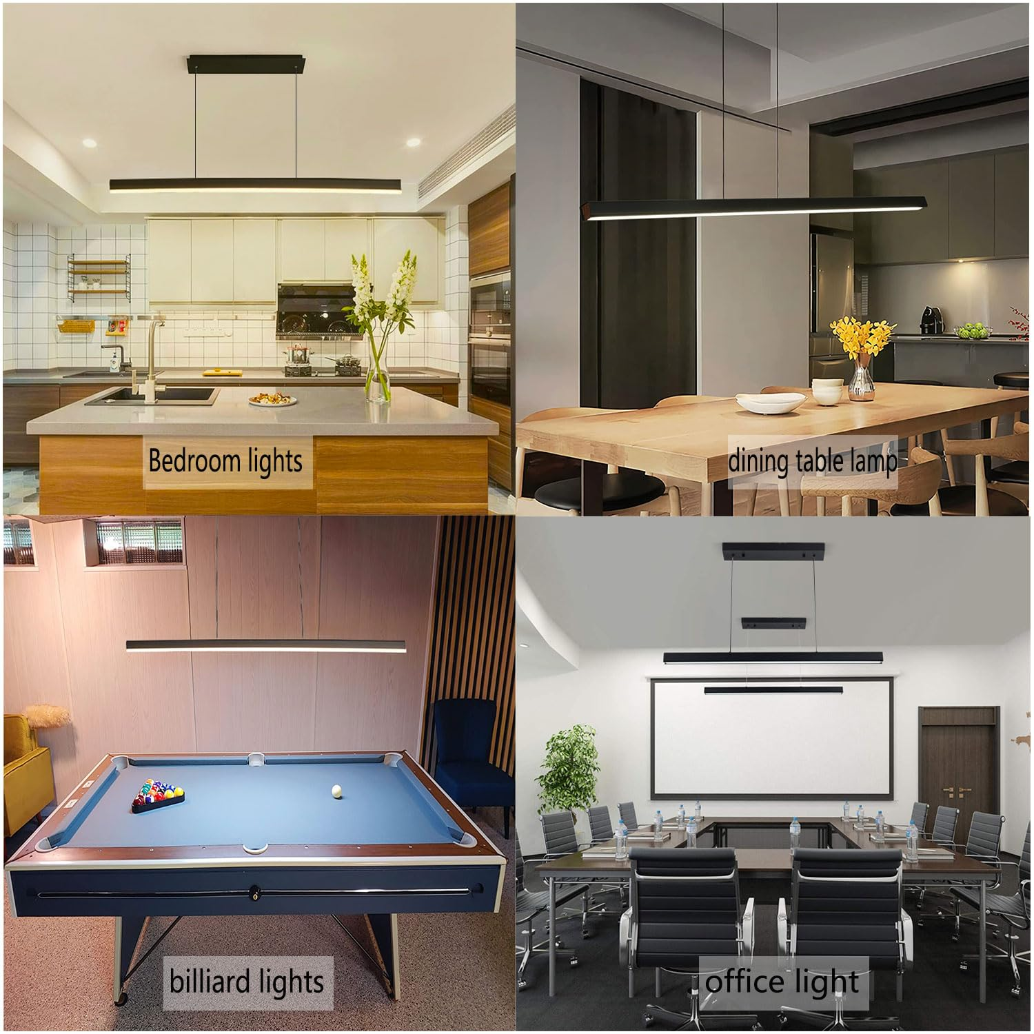 Vier Bilder zeigen eine moderne schwarze Hängeleuchte in Küche, Esszimmer, Billardzimmer und Büro.