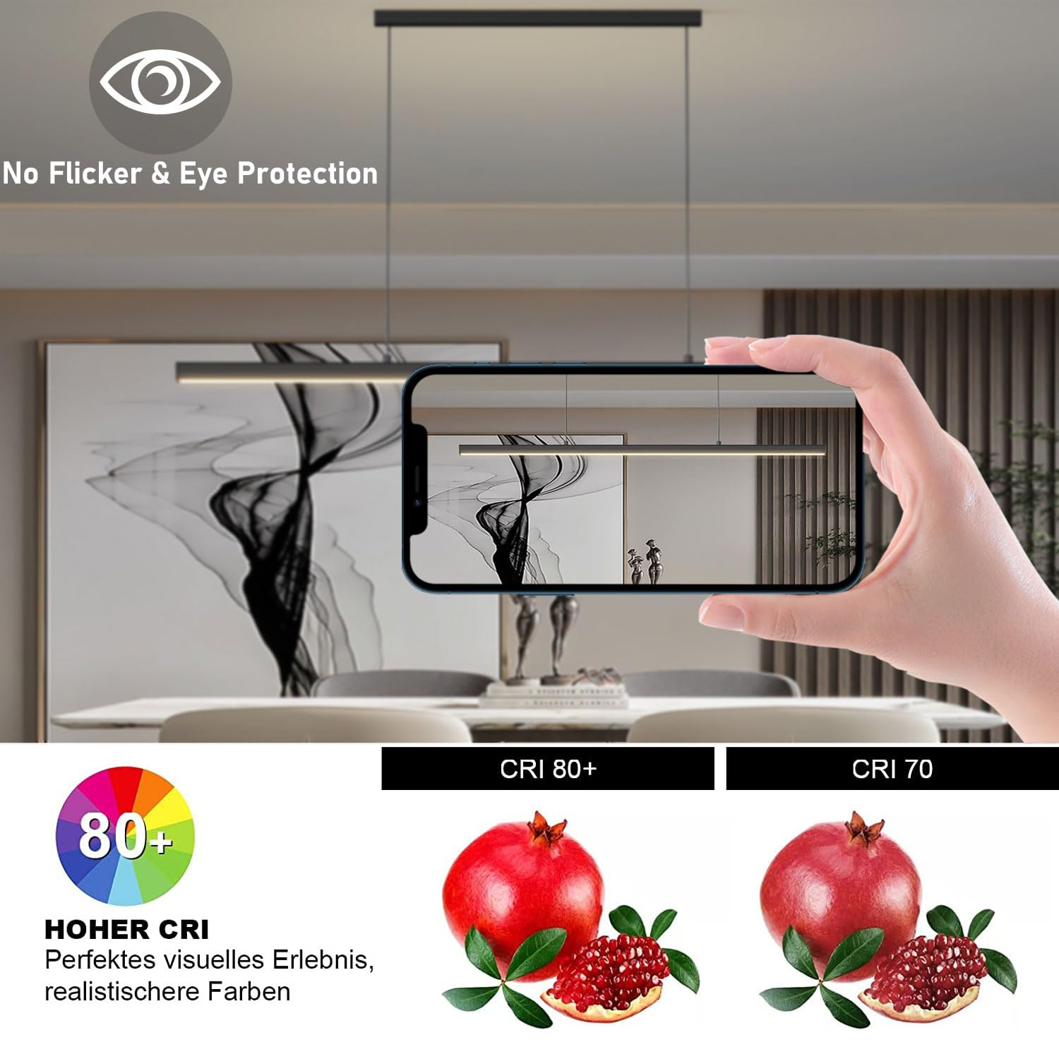 Hand hält Smartphone mit Kamera, zeigt flimmerfreies Licht und Farbvergleich mit Granatäpfeln.