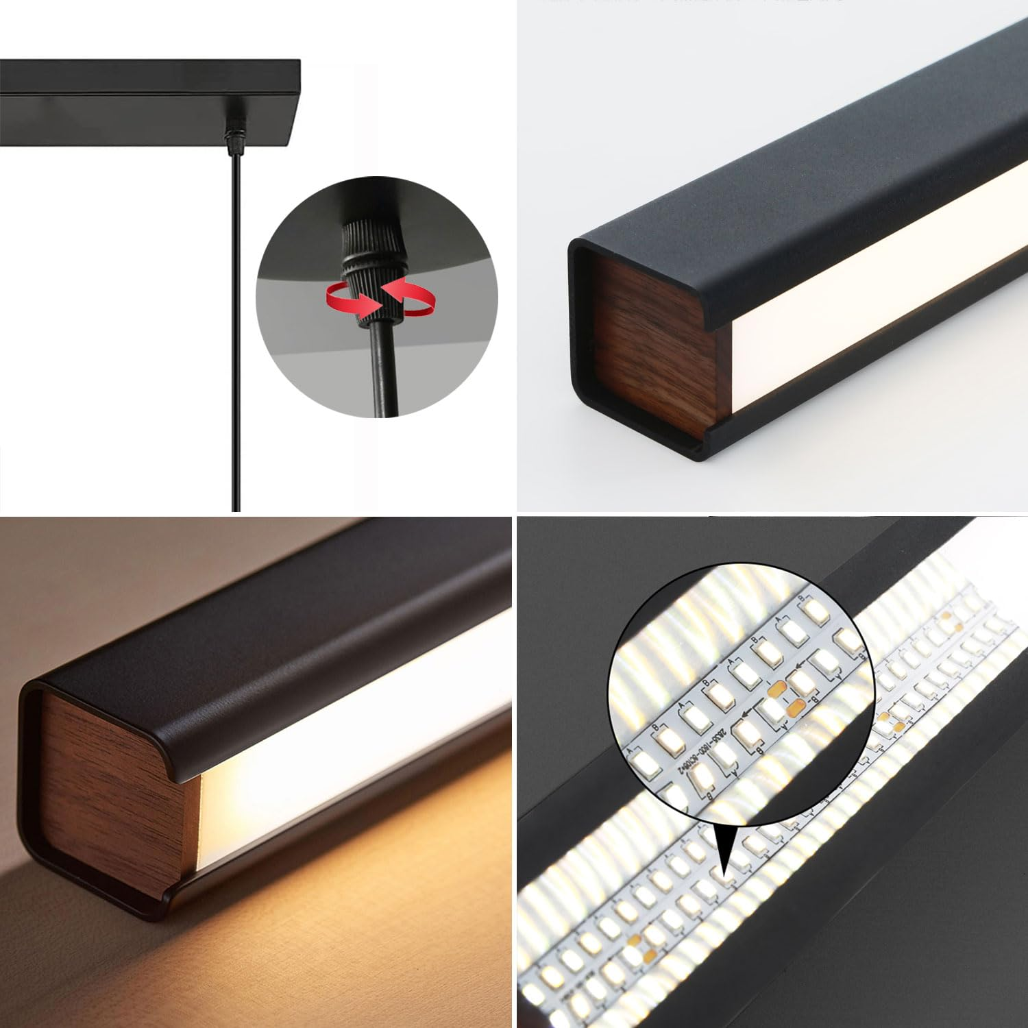 Vier Detailaufnahmen einer schwarzen LED-Hängeleuchte mit Holzdetails und eingebauten LEDs.
