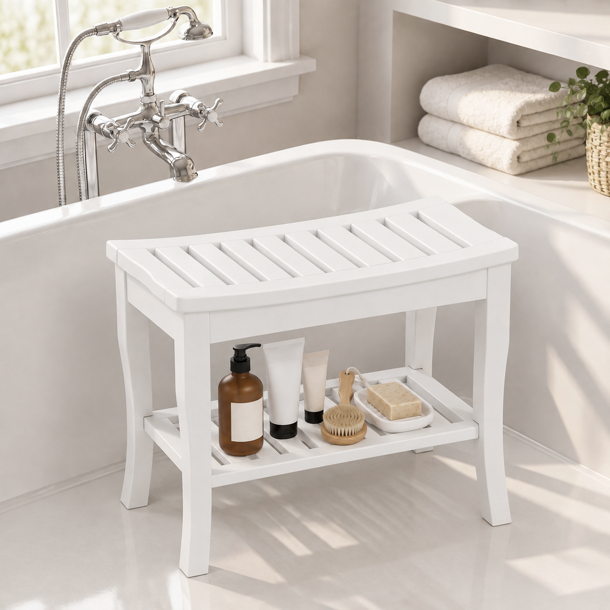 Banco de baño de madera blanca con estante inferior para artículos de aseo, junto a una bañera.