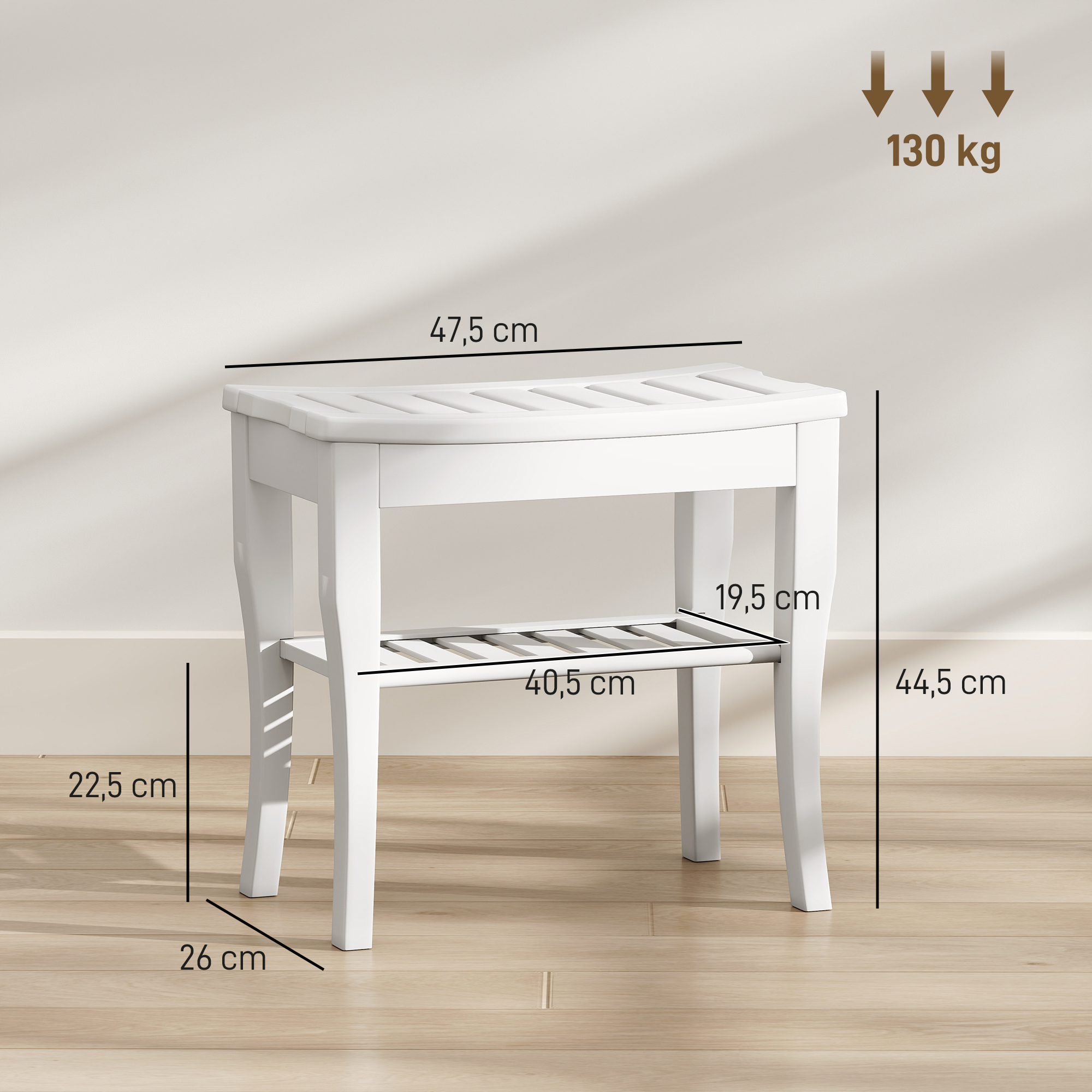 Banco de madera blanco con balda inferior, medidas en centímetros y límite de peso.
