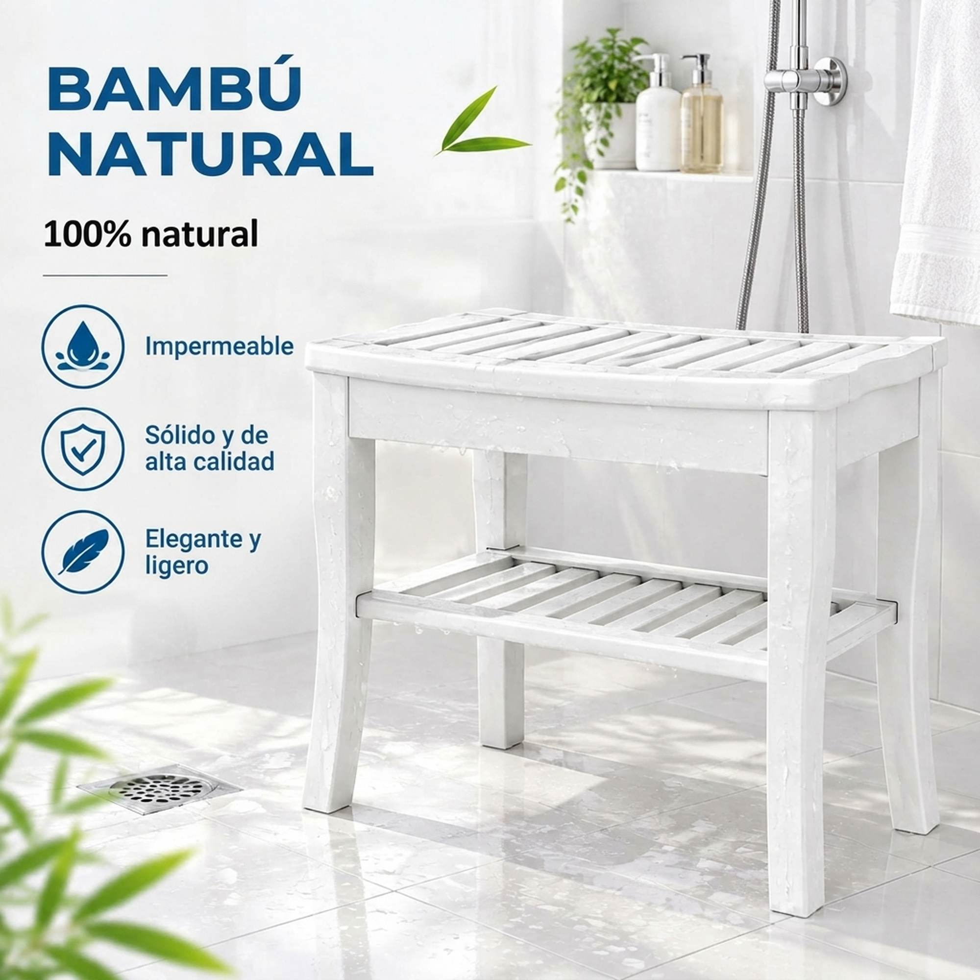 Banco de ducha de bambú blanco impermeable con estante inferior y textos informativos.