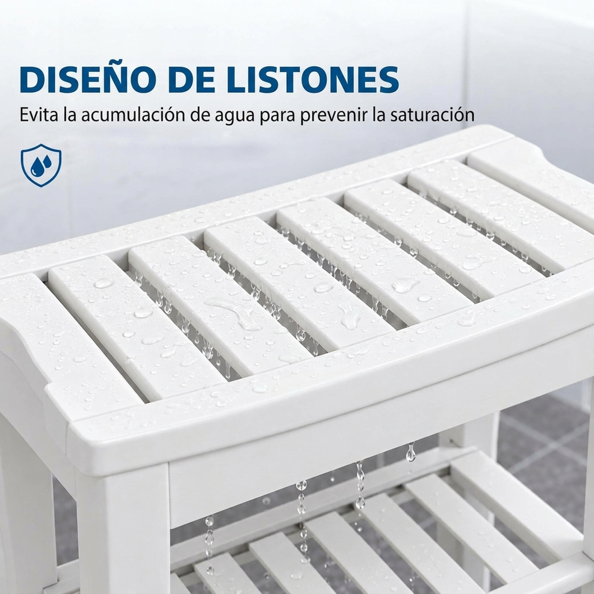 Taburete de madera blanco con listones y gotas de agua.