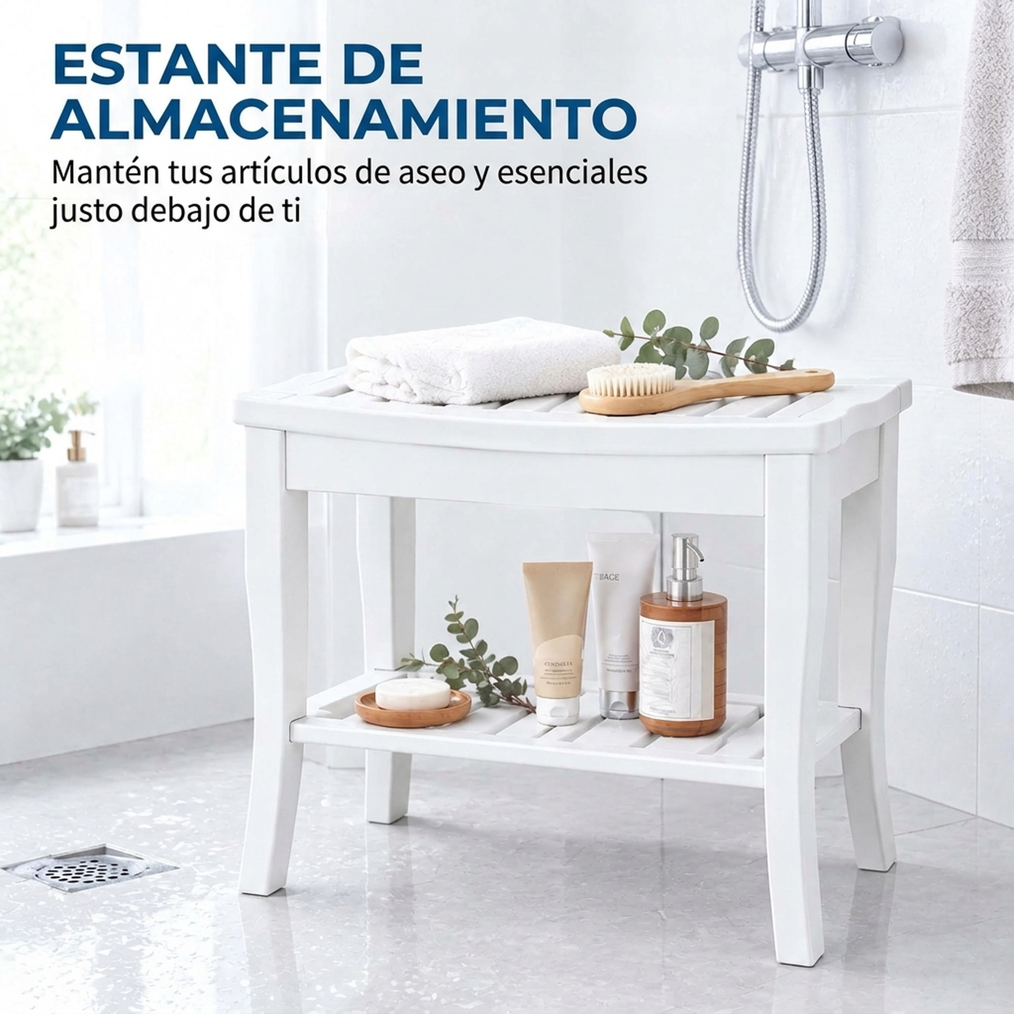 Estante de baño de madera blanca con toallas, cepillo y artículos de baño en una ducha moderna.