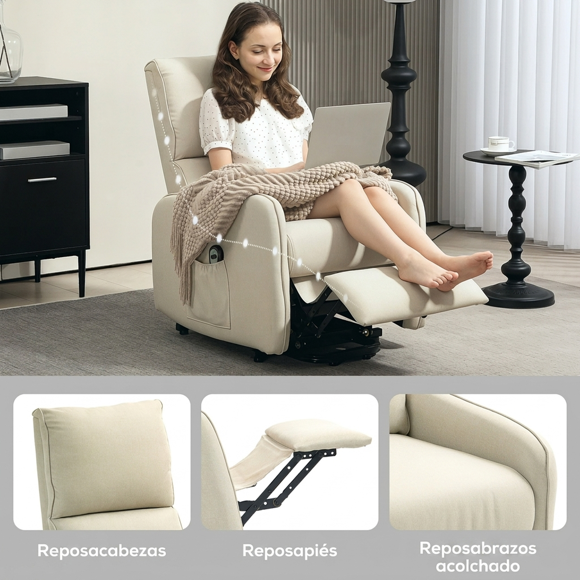 Una mujer se sienta en un sillón reclinable beige con una laptop, manta y reposapiés extendido, con tres detalles.